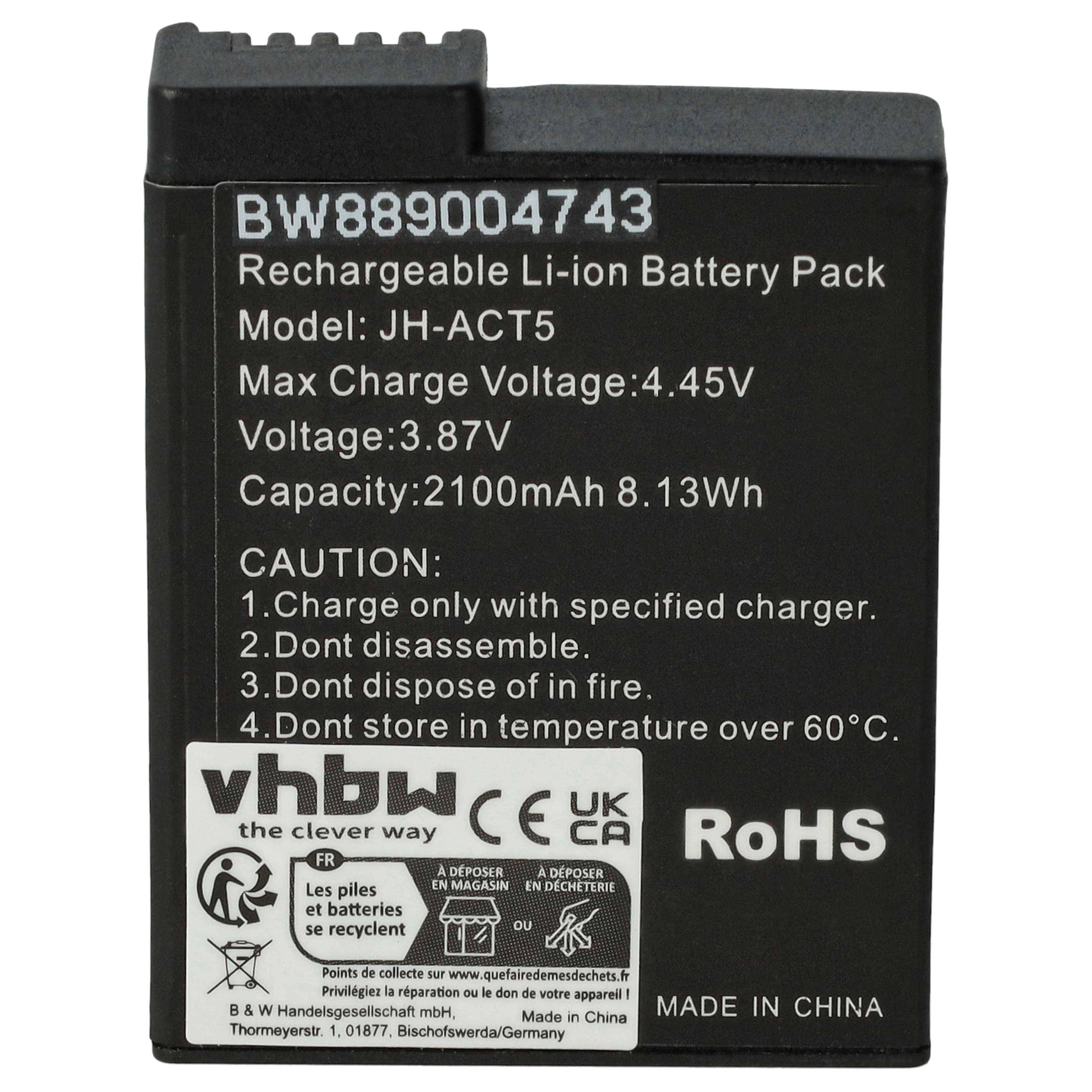 Wiederaufladbares Li-Ion-Akkupack mit der Bezeichnung 'BW889004743', 2100mAh Kapazität, 8,13Wh, max. Ladespannung 4,45V, Warnhinweise enthalten Handhabungsempfehlungen.