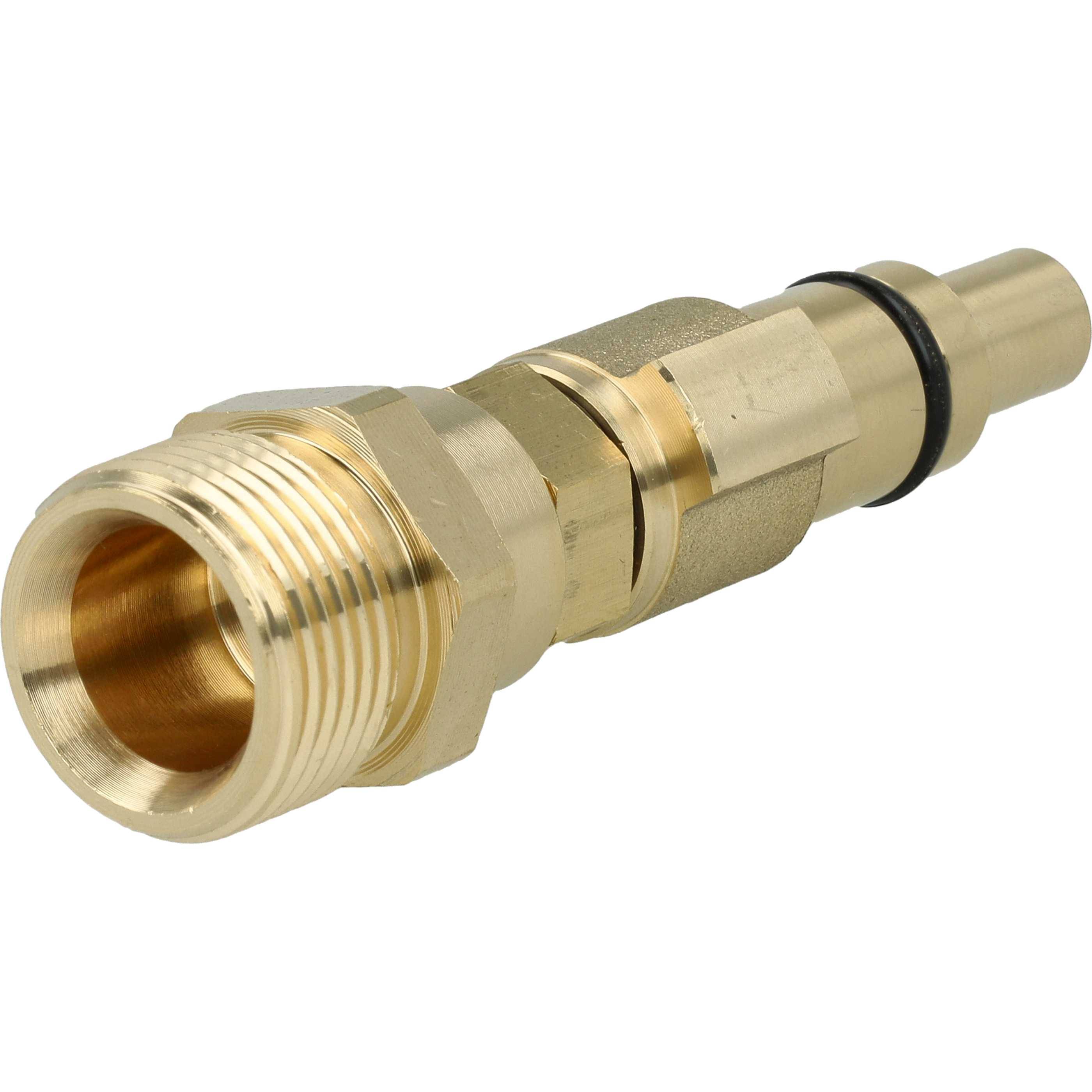 Messingschlauchadapter mit männlichem Gewinde und O-Ring, dargestellt auf weißem Hintergrund.