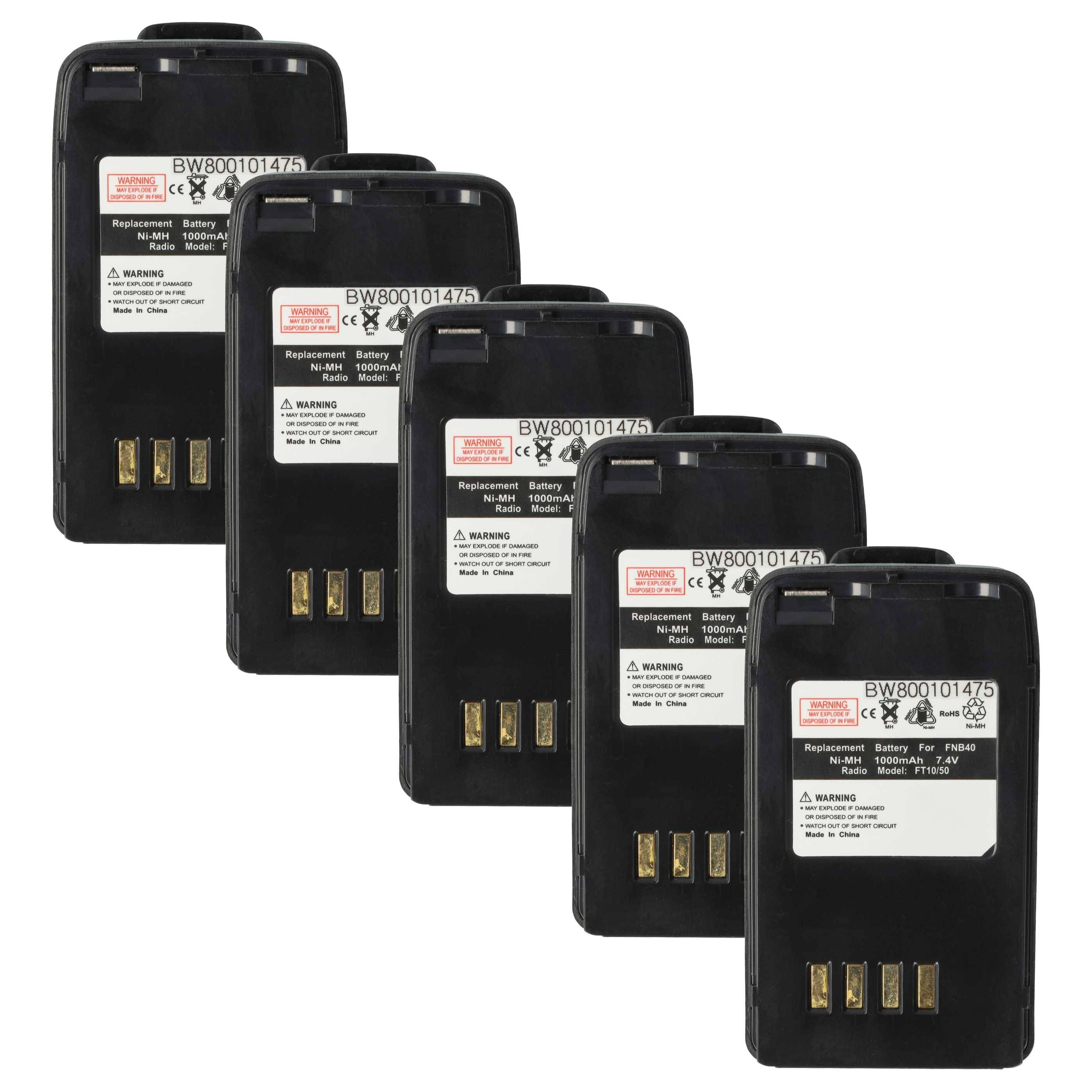 vhbw 5x Akku Ersatz für FNB-41, FNB-40 für Funkgerät, Walkie Talkie (1000 mAh, 7,4 V, NiMH) + Gürtelclip
