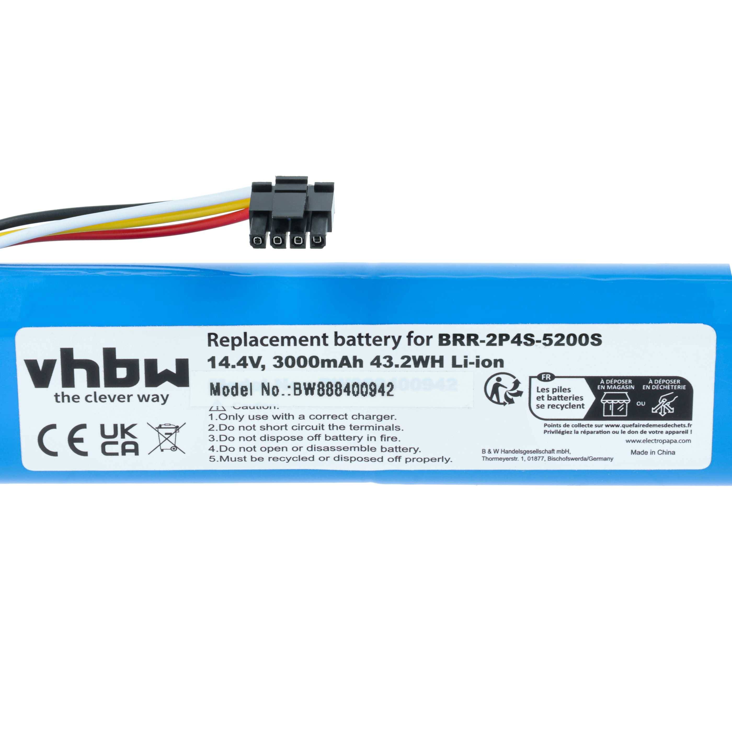 vhbw Akku kompatibel mit Xiaomi Roborock Q Revo QR52-00, Q Revo QR02-00 Saugroboter Blau (3000 mAh, 14,4 V, Li-Ion, ohne Gehäuse)