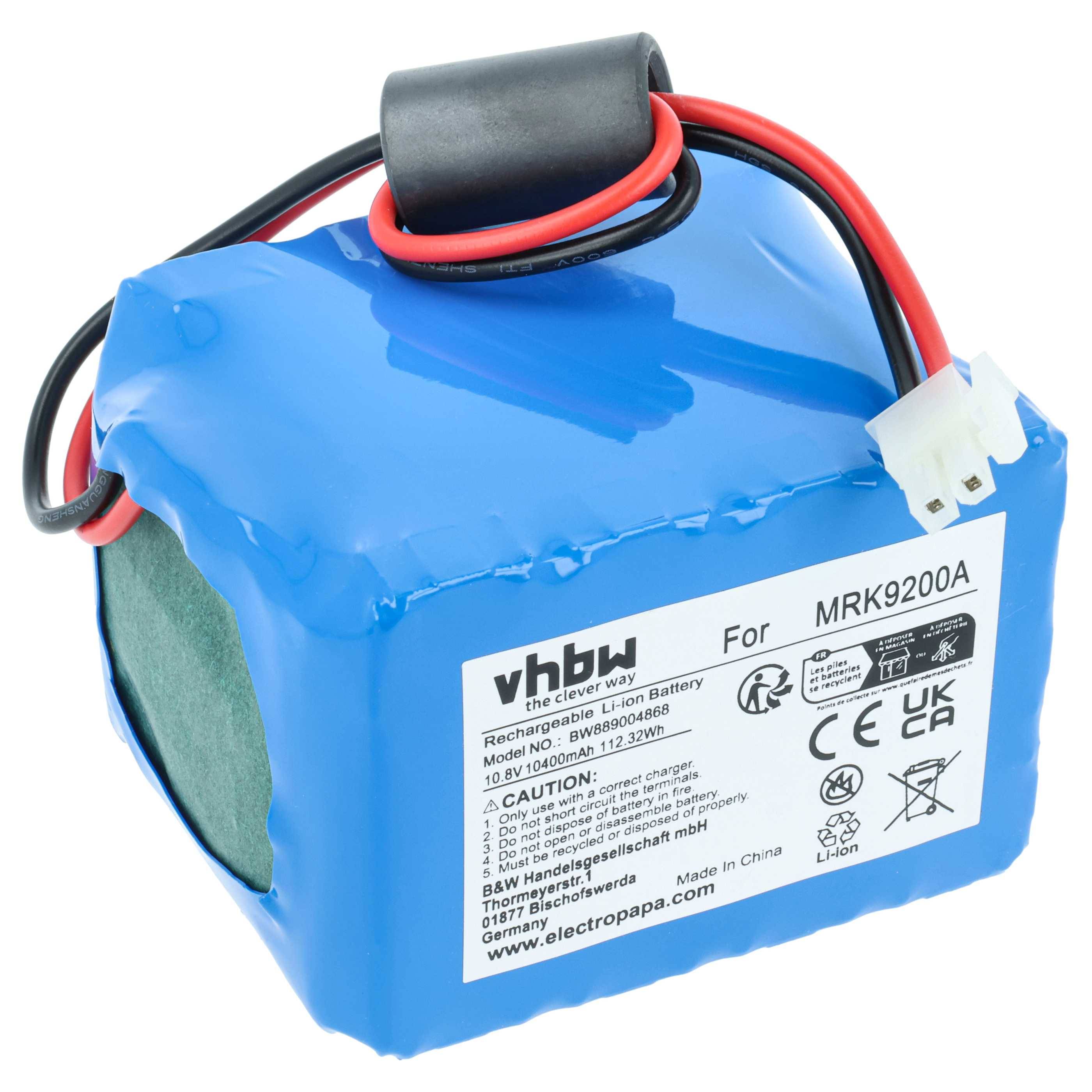 Blauer Lithium-Ionen-Akkupack mit roten und schwarzen Kabeln, beschriftet mit 'vhbw' und 'Für MRK9200A'. Sicherheits- und Herstellungsdetails aufgedruckt.
