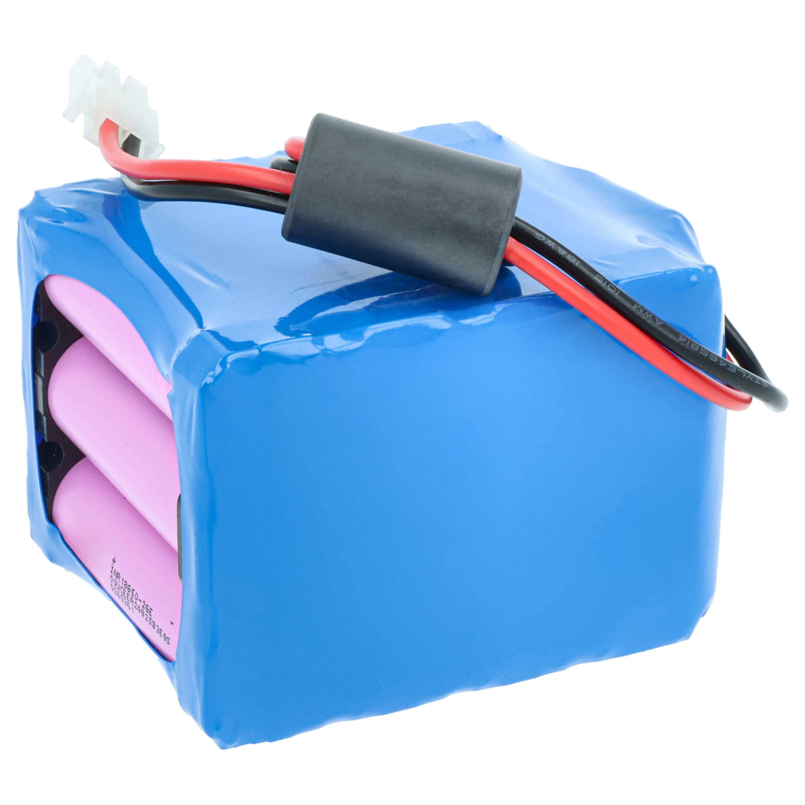 Ein in Blau eingewickelter Lithium-Ionen-Akkupack mit sichtbaren rosa Zellen und roten und schwarzen Kabeln, die von der Oberseite herausragen.