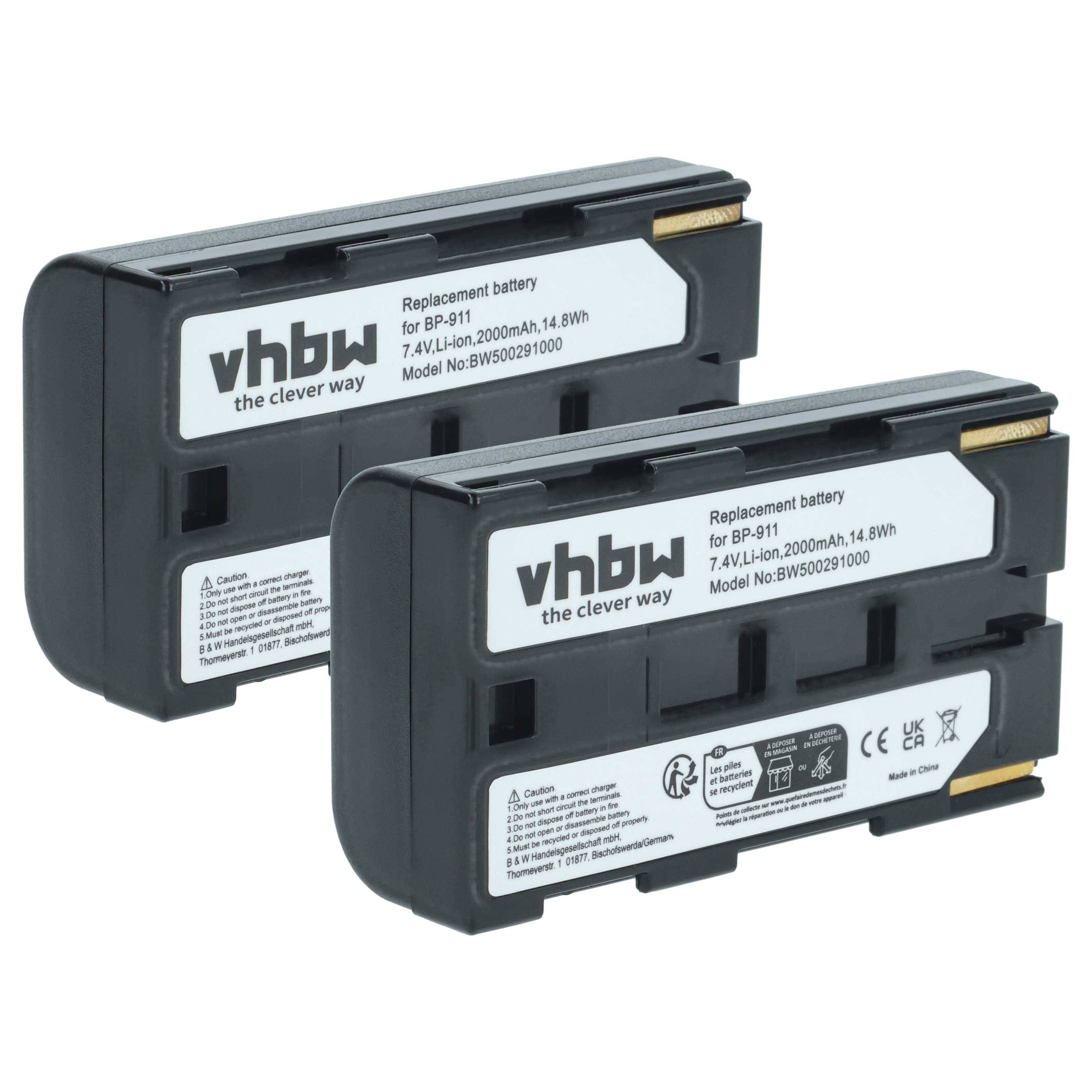 Zwei vhbw Ersatzakkus für BP-911, jeweils 2000mAh, 7,4V/14,8Wh. In Weiß beschriftet mit Modellnummer und Sicherheitsinformationen.