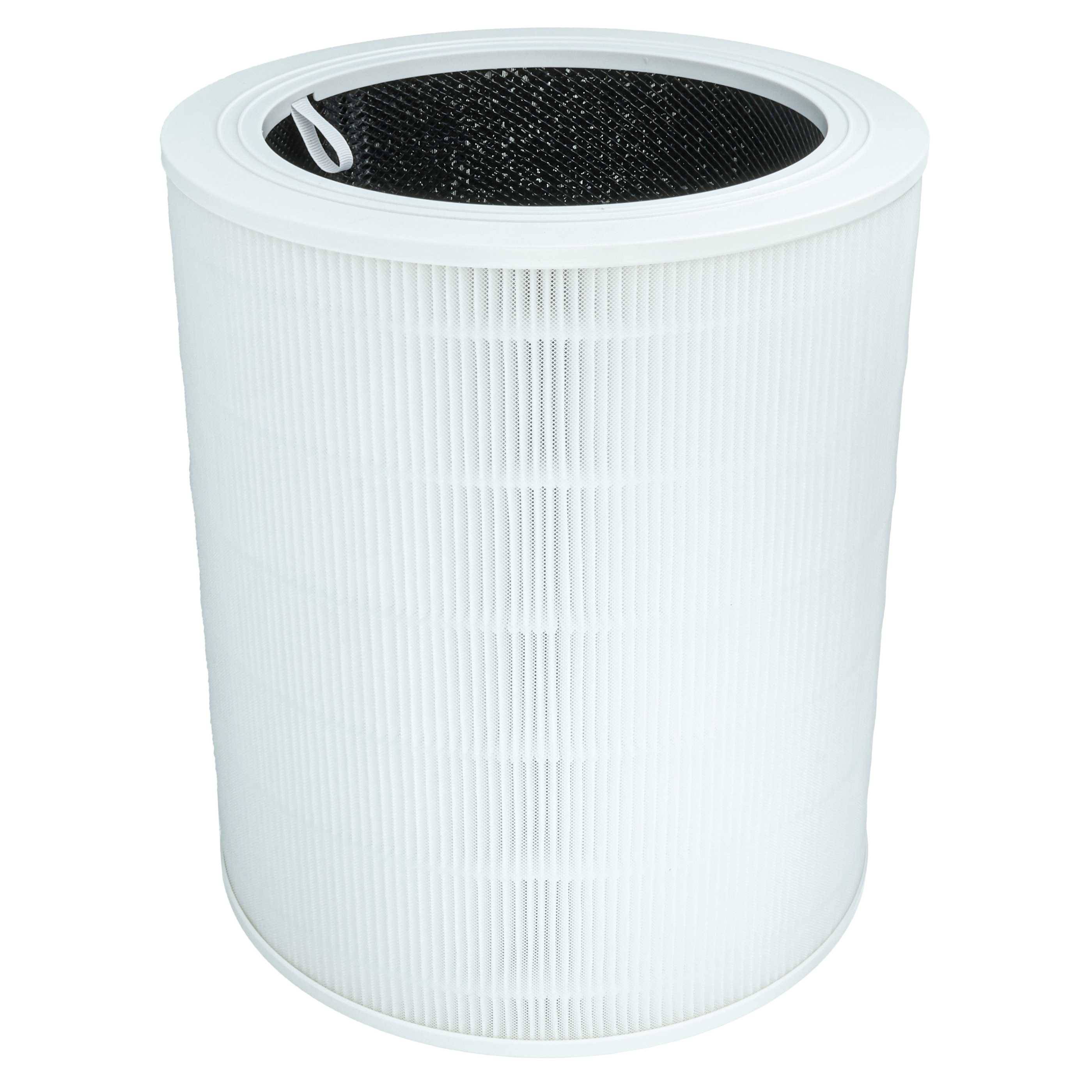 Ein zylindrischer HEPA-Luftfilter mit weißer gefalteter Außenseite und schwarzem Deckel mit kleiner Zuglasche, entwickelt zum Entfernen von Partikeln in der Luft.