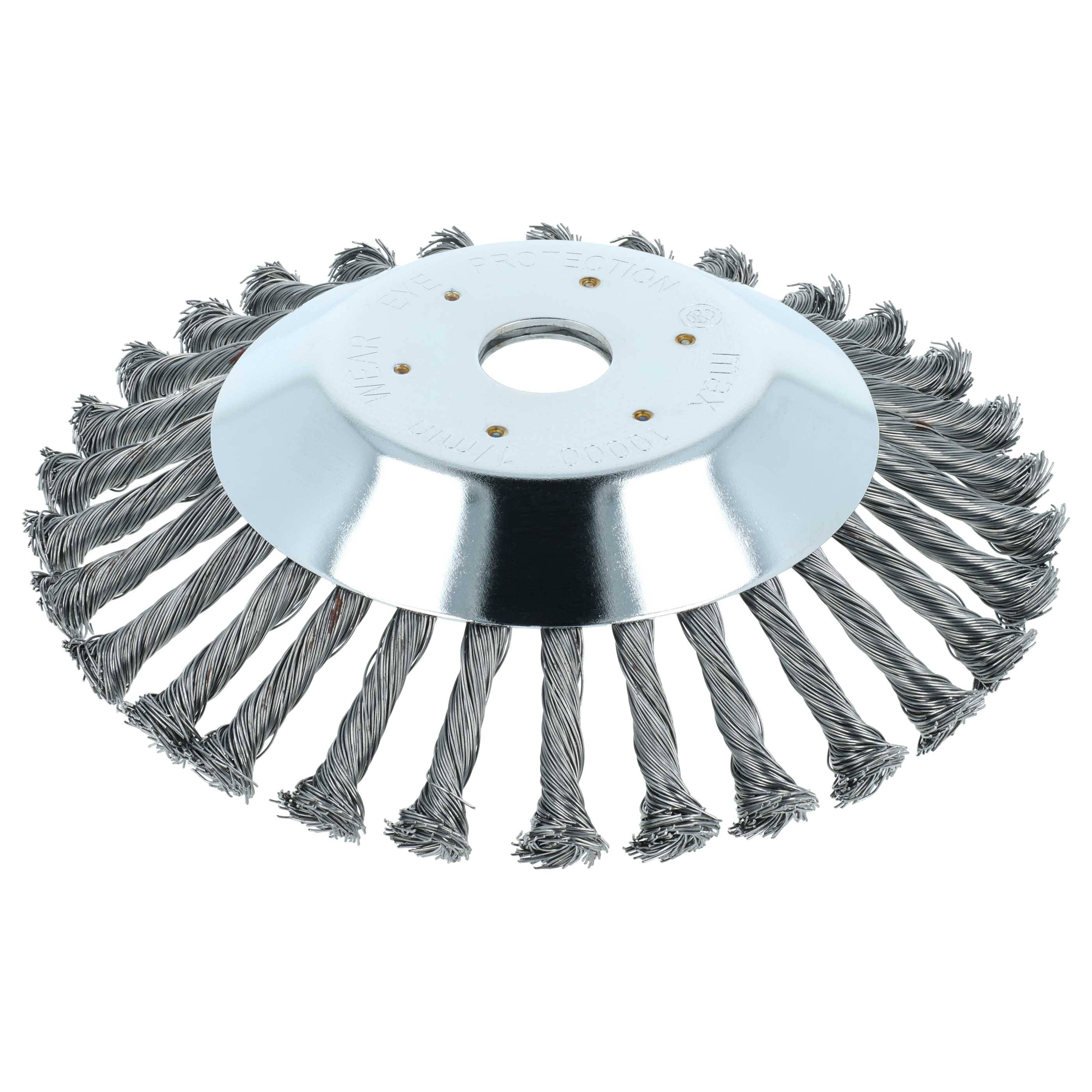 Ein kreisförmiger Drahtbesen mit gedrehten Borsten und einem zentralen Loch, der zum Reinigen oder Schleifen von Oberflächen verwendet wird.