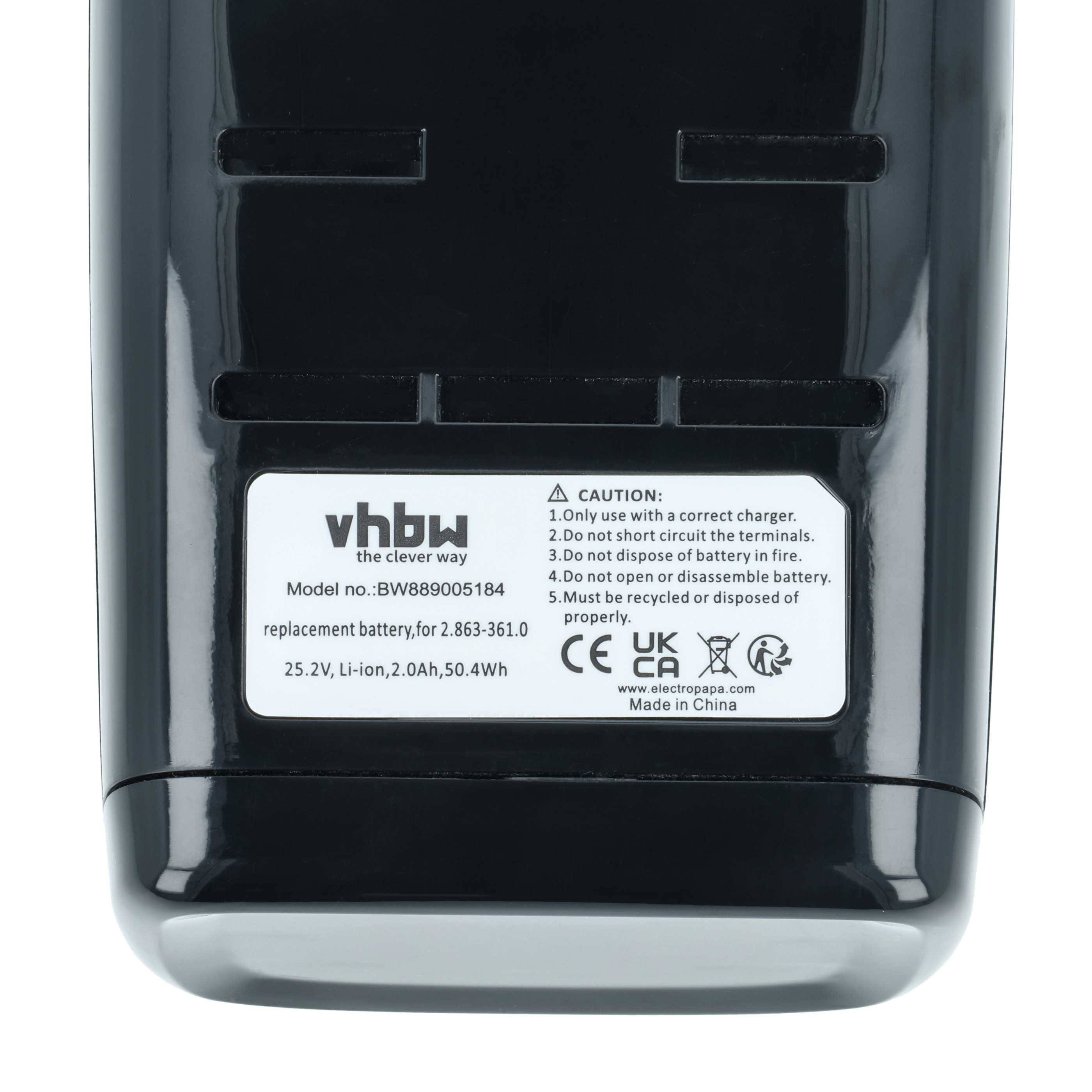 Das Bild zeigt eine schwarze vhbw Ersatzbatterie mit Produktdetails, einschließlich Modellnummer 'BW8005184' und Kapazität '25,2V, 2,0Ah, 50,4Wh'.
