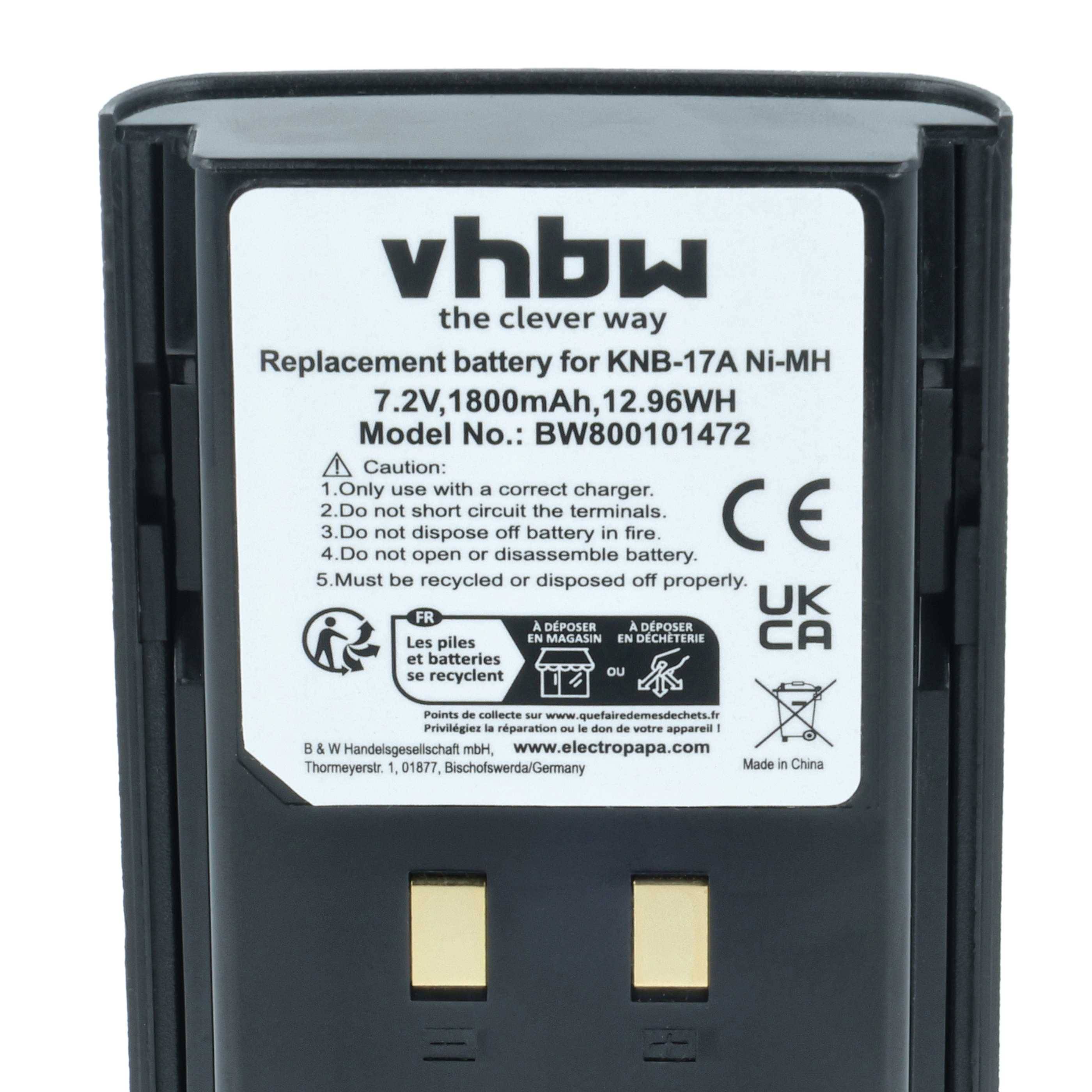 Das Bild zeigt einen vhbw Ersatzakku für KNB-17A Ni-MH mit folgenden Spezifikationen: 7,2V, 1800mAh, 12,96Wh, Modellnummer BW800101472.