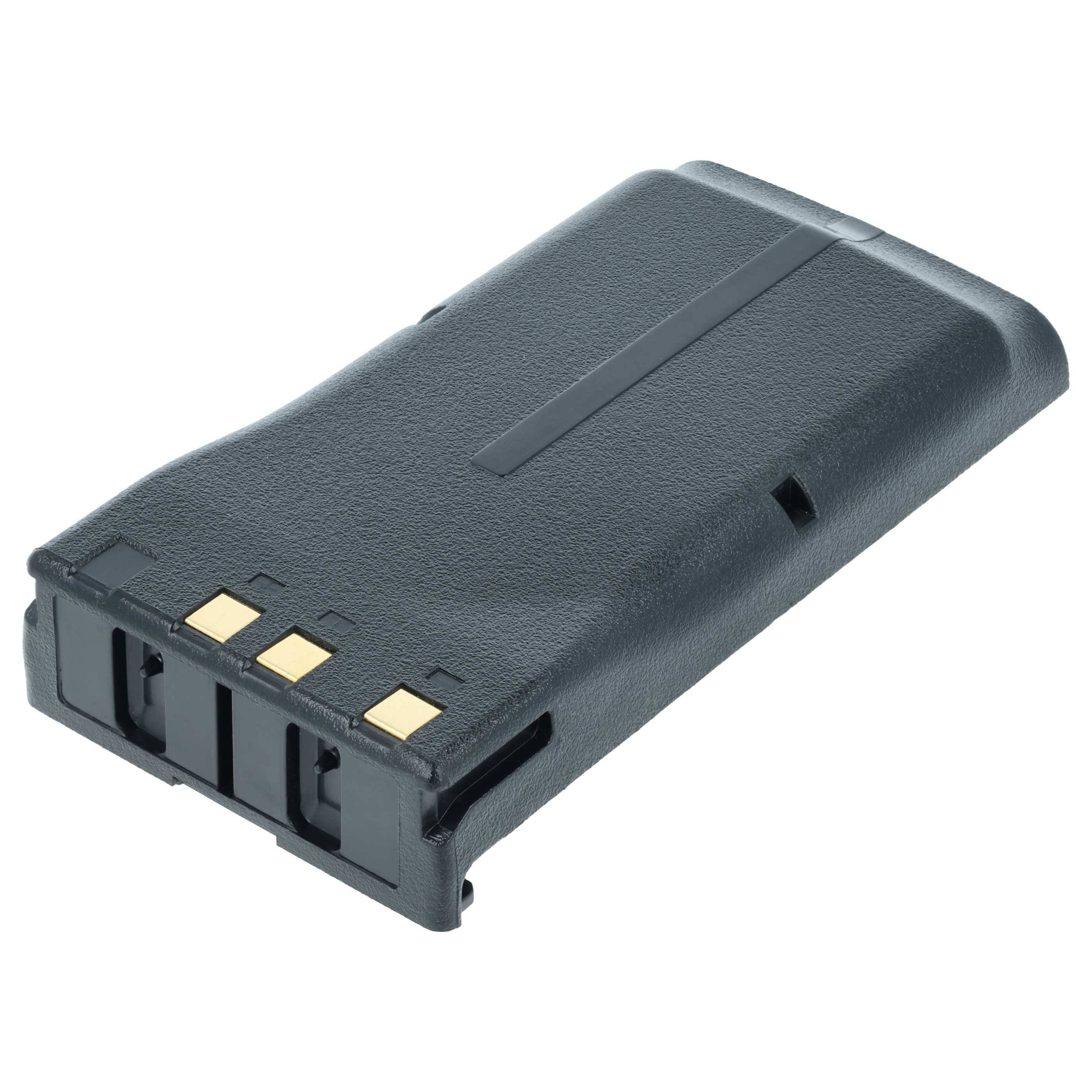 Eine schwarze, rechteckige wiederaufladbare Batterie mit drei goldenen Kontaktpunkten an einem Ende, die für elektronische Geräte verwendet wird.