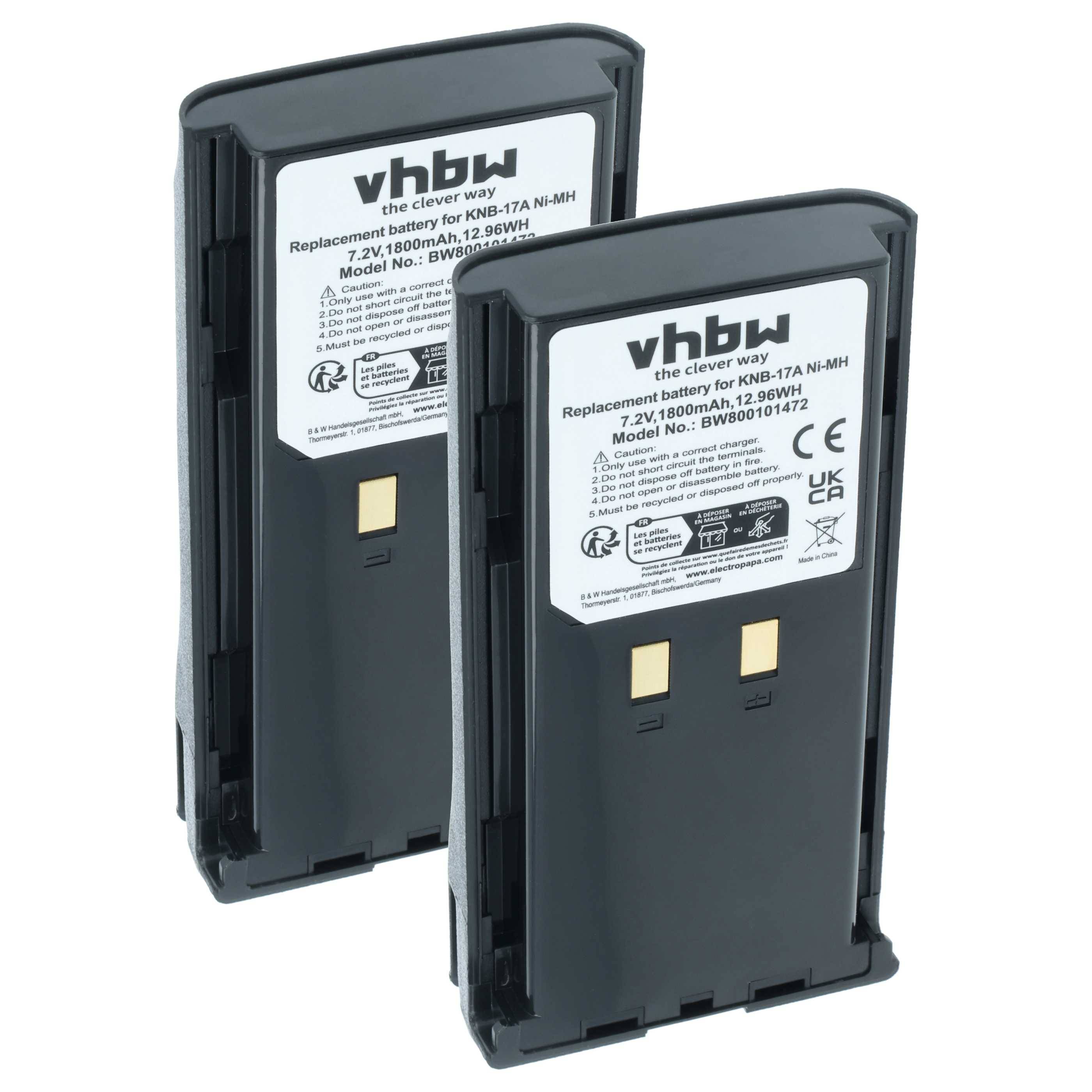 vhbw 2x Akku Ersatz für Kenwood KNB-52N, KNB-22N, KNB-21N, KNB-17N, KNB-17A, KNB-16A für Funkgerät, Walkie Talkie (1800 mAh, 7,2 V, NiMH)