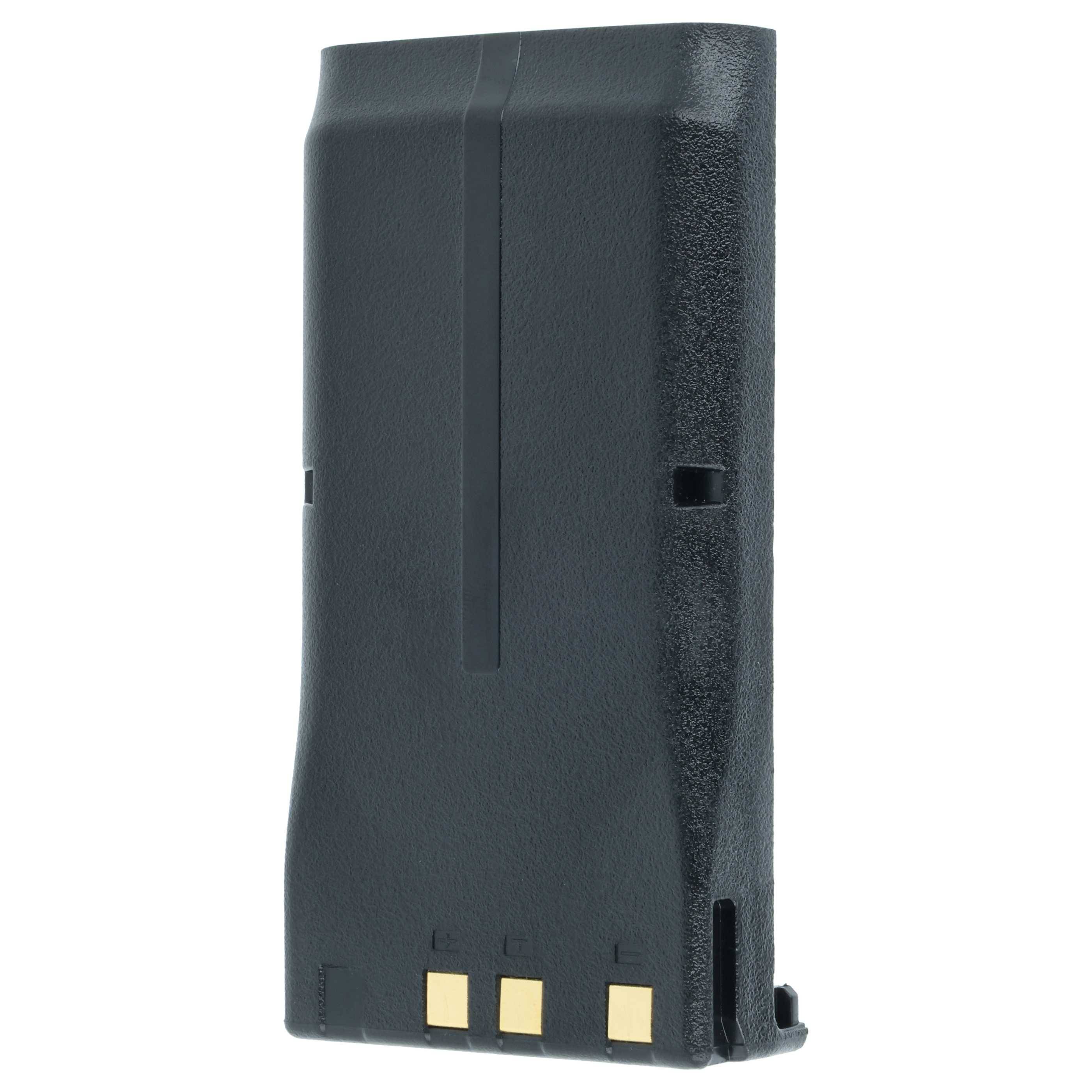 Schwarzes wiederaufladbares Batteriepack mit drei goldenen Kontakten und seitlichen Schlitzen, dargestellt auf weißem Hintergrund.
