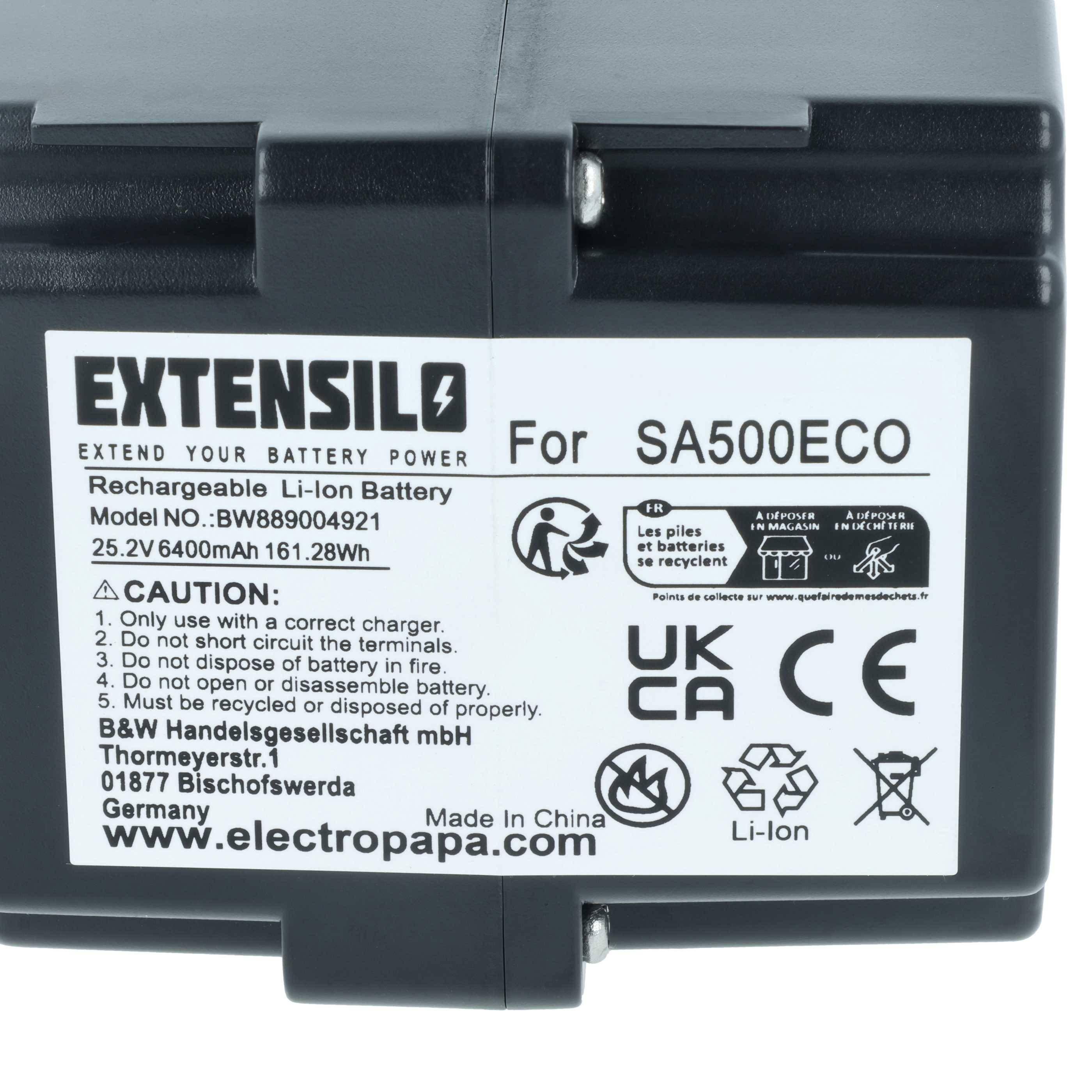 EXTENSILO' Lithium-Ionen-Akku Modell BW89004921, 25,2V, 6400mAh, 161,28Wh, für SA500ECO. Mit dem richtigen Ladegerät aufladen, hergestellt in China.