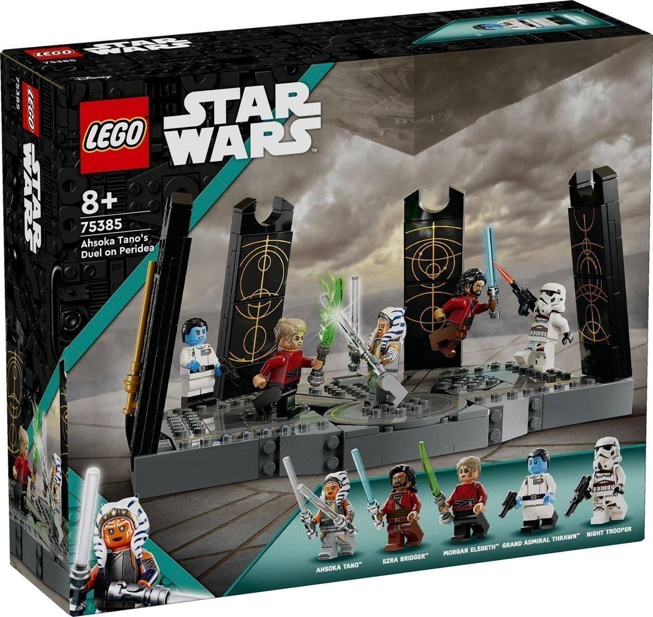 LEGO Star Wars 75385 Ahsoka Tanos Duell auf Peridea Set-Schachtel mit Minifiguren, die auf einer zerstörten Plattform unter einem stürmischen Himmel kämpfen.