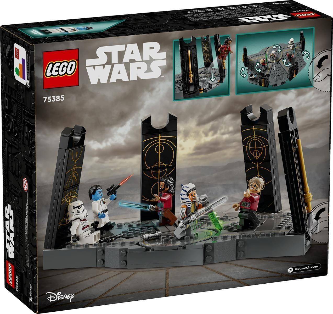 LEGO Star Wars Karton für Set 75385, das eine Kampfszene mit vier Minifiguren und hohen schwarzen Säulen zeigt, mit eingefügten Baubildern oben rechts.