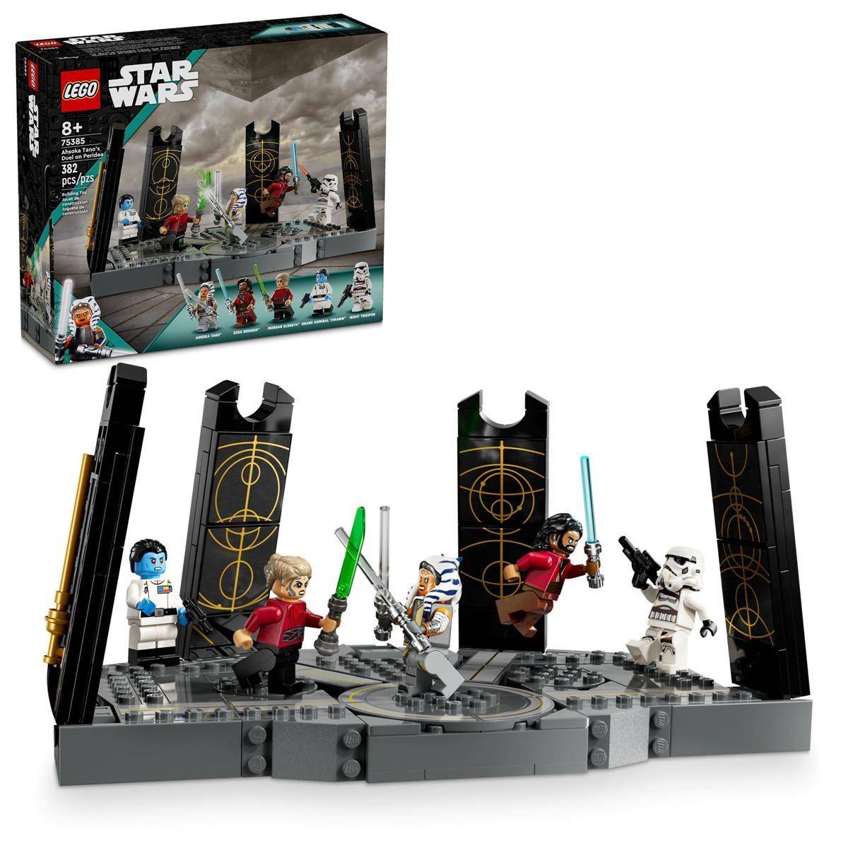 LEGO Star Wars Spielset mit Minifiguren, die auf einer grauen Plattform vor hohen schwarzen Türmen kämpfen, plus die in der Ecke gezeigte Schachtel.