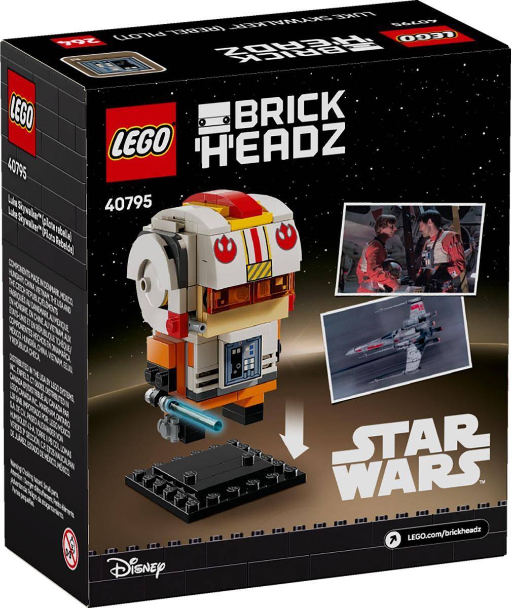 LEGO BrickHeadz Star Wars Set 40795 Schachtelcover zeigt eine zusammenbaubare Rebellenpilot-Figur auf einer Ausstellungsbasis, mit Referenzbildern und dem Star Wars-Logo.