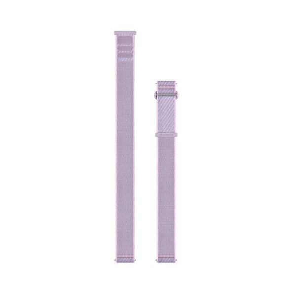 Zwei lavendelfarbene Nylon-Uhrenarmbänder nebeneinander dargestellt, ein längeres Armband und eines mit Schnalle und Schlaufenhalter.