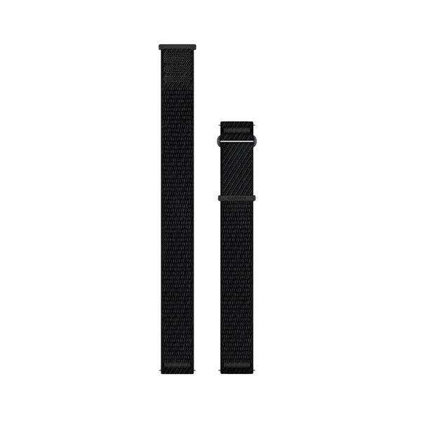 Zwei schwarze geflochtene Nylon-Uhrenarmbänder nebeneinander gezeigt, eines länger und eines mit einer Schnalle und einer Schlaufe.