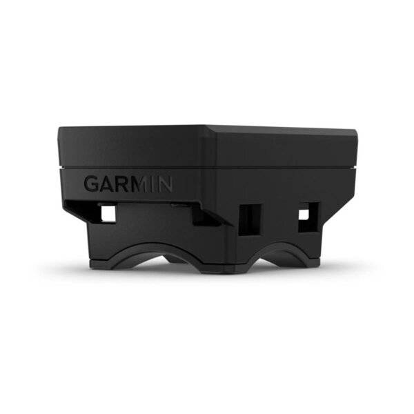 Schwarzer Garmin-Gerätehalter-Adapter in Seitenansicht auf weißem Hintergrund.