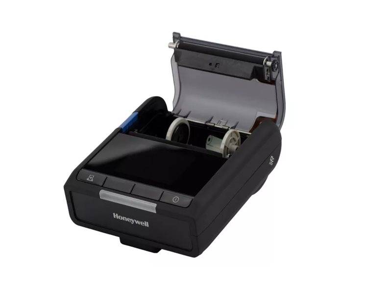 Öffnen des Honeywell-Taschendruckers mit sichtbarem Papierrollenkompartiment.