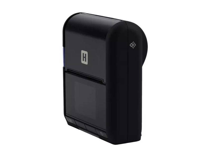 Ein kompaktes, schwarzes elektronisches Gerät mit einem kleinen Bildschirm und einer Taste, das ein Logo auf der Vorderseite und ein Symbol für drahtlose Konnektivität trägt.