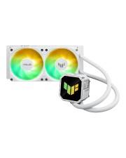 Weißer CPU-Kühler mit Doppellüftern, ausgestattet mit RGB-Beleuchtung und einem TUF Gaming-Logo auf der Pumpe, verbunden durch weiße Schläuche.
