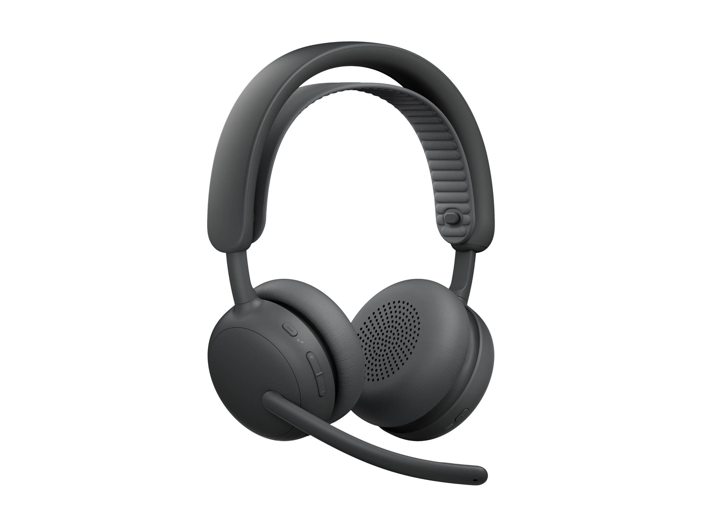 Schwarzes Over-Ear Wireless-Headset mit einem verstellbaren Mikrofon, das seitliche Steuerungstasten für Lautstärke und Wiedergabe aufweist.