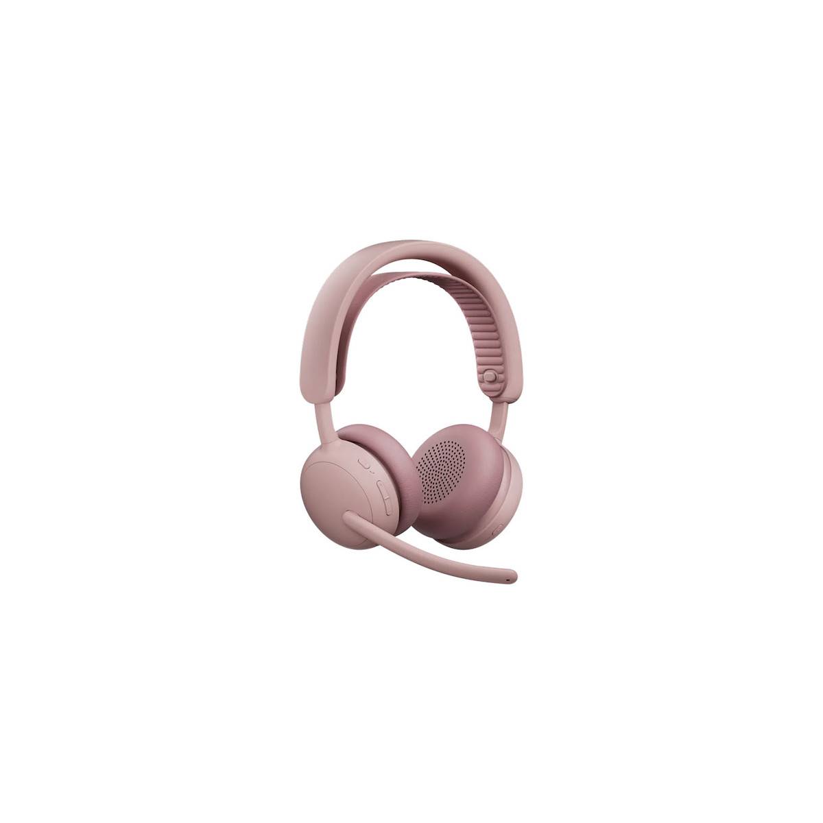Rosa Over-Ear-Kopfhörer mit angebrachtem Boom-Mikrofon auf weißem Hintergrund.
