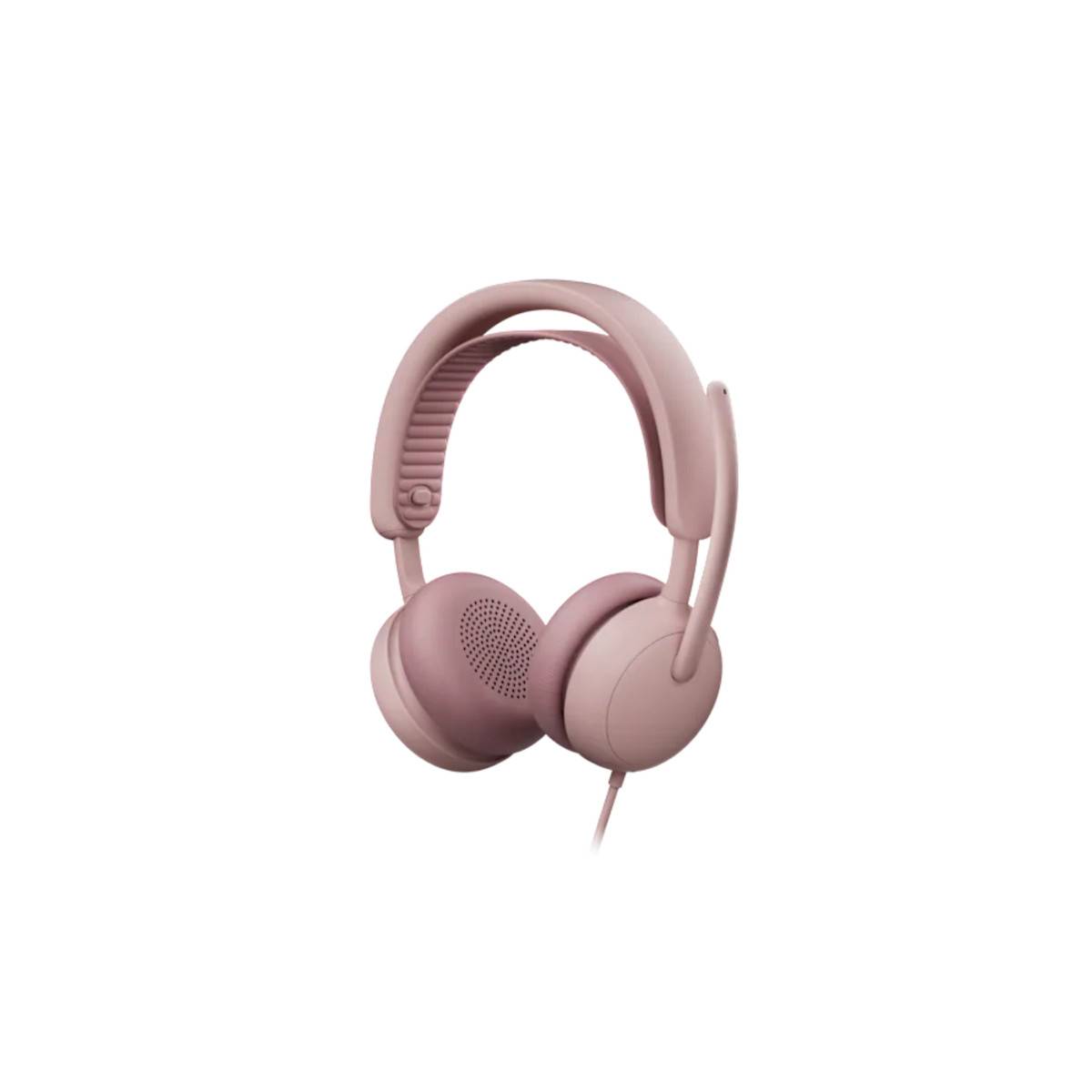 Rosa Over-Ear-Kopfhörer mit Kabel auf weißem Hintergrund, frontal dargestellt mit gepolstertem Kopfbügel und runden Ohrmuscheln.