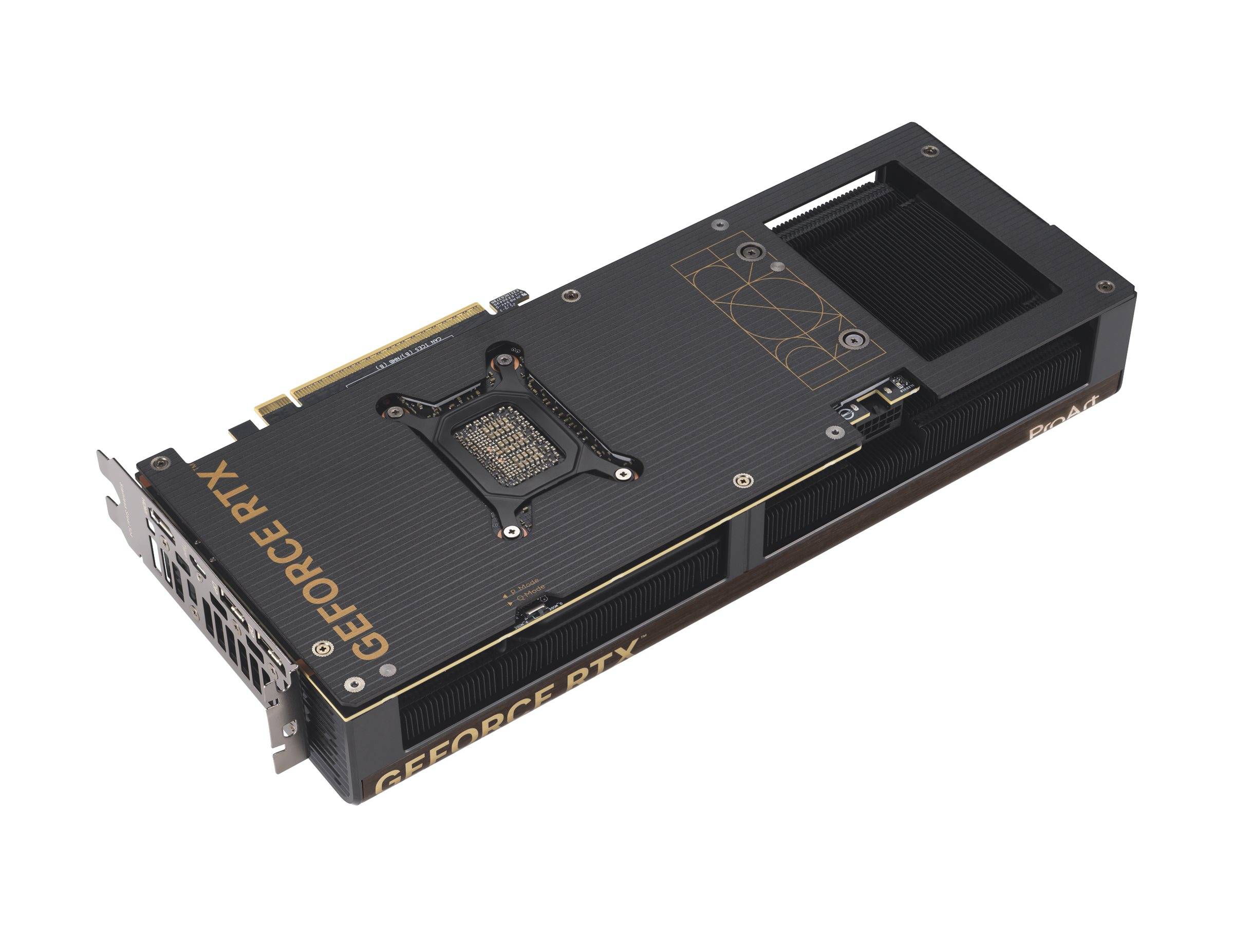 Eine schwarze GeForce RTX-Grafikkarte mit goldenen Akzenten wird gezeigt, die ihr elegantes Design und die Kühlschlitze hervorhebt.