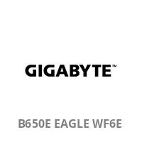 GIGABYTE B650E EAGLE WF6E' Text in fett gedruckten schwarzen Buchstaben auf einem einfarbigen weißen Hintergrund, der die Marke und Modellbezeichnung präsentiert.