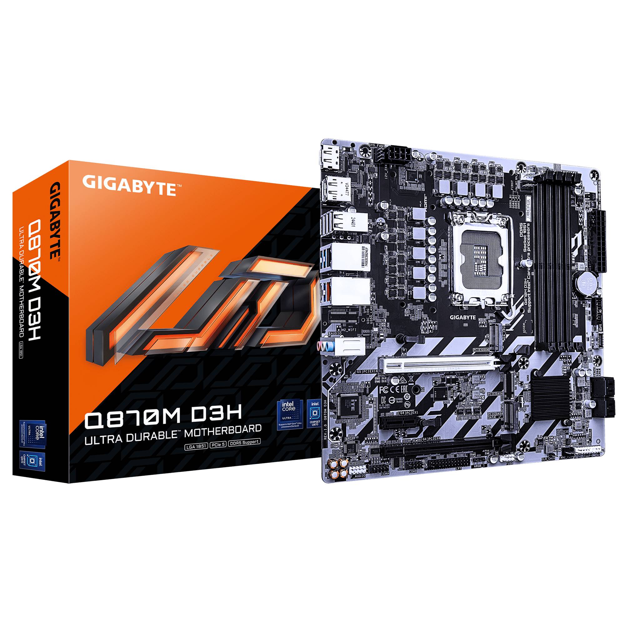 Gigabyte Q870M D3H Ultra Durable Motherboard mit Einzelhandelsverpackung und Vorderansicht des Motherboards auf schwarzem Hintergrund.