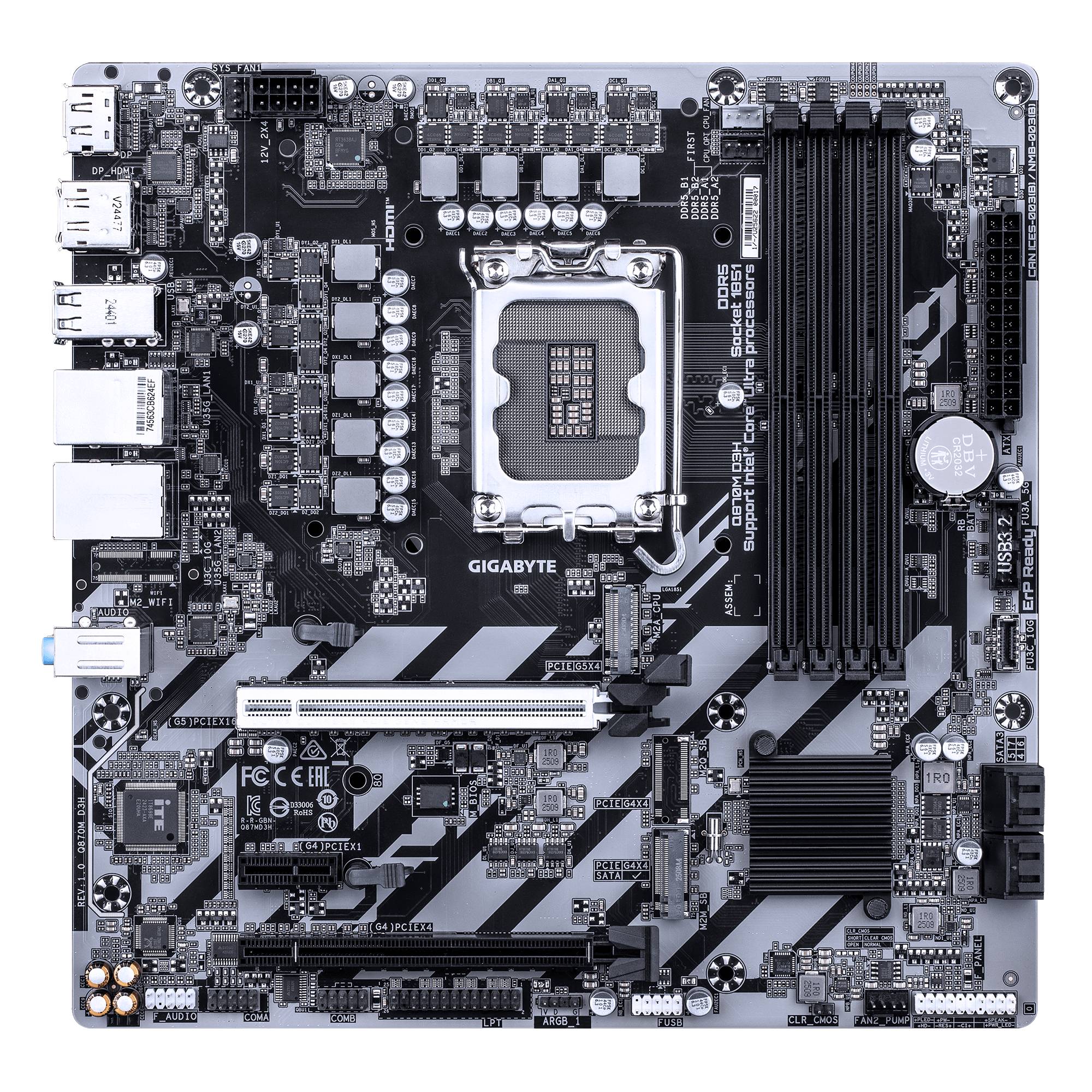 Draufsicht auf ein Gigabyte-Computermotherboard mit Intel-CPU-Sockel, vier RAM-Steckplätzen, Erweiterungssteckplätzen sowie mehreren hinteren und Stromverbindungen.