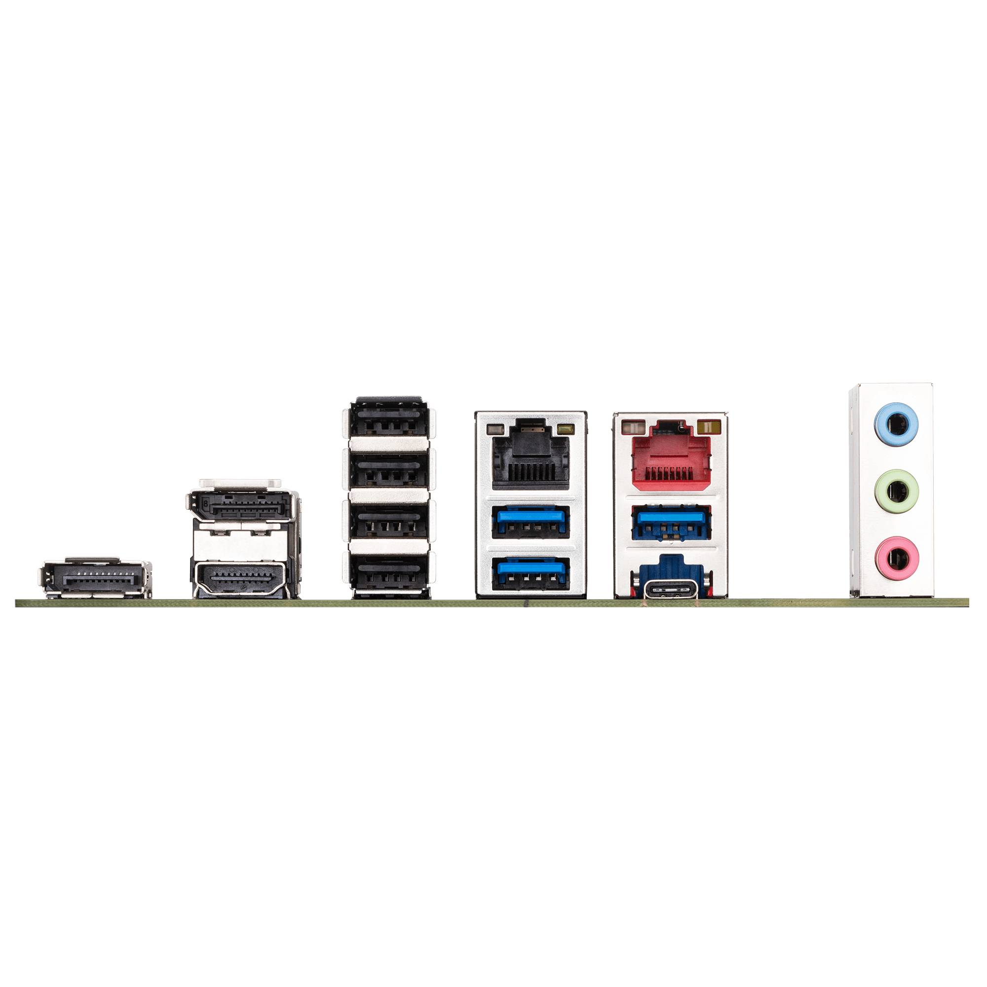 Rückseite eines Motherboards mit Anschlüssen: Anzeigeports, USB-Anschlüsse, Ethernet und drei Audiobuchsen.
