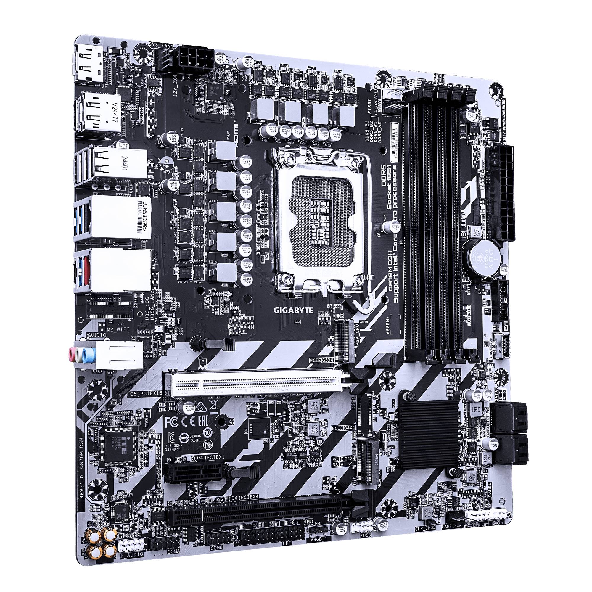 Nahaufnahme eines GIGABYTE-Computermotherboards mit CPU-Sockel, RAM-Steckplätzen, Erweiterungssteckplätzen und hinteren Ein-/Ausgabeanschlüssen.