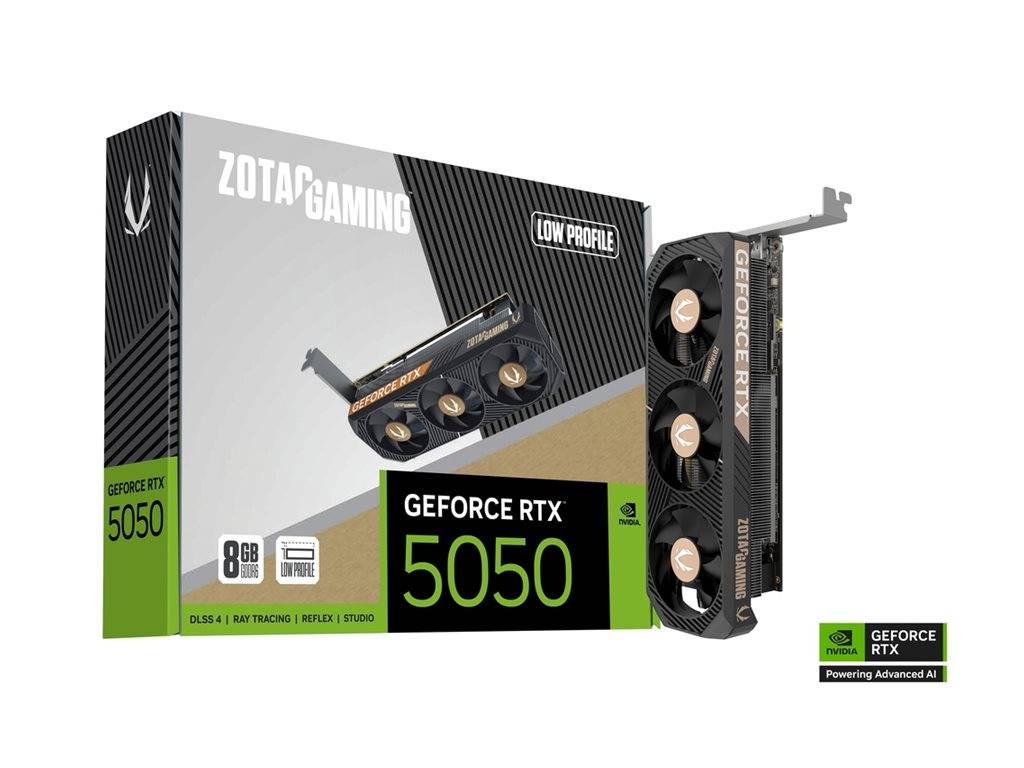 ZOTAC GAMING GeForce RTX 5050 Grafikkarte Box und Karte gezeigt. Zu den Merkmalen gehören 8 GB Arbeitsspeicher, DLSS 4, Ray-Tracing und ein Slim-Design.