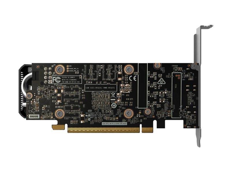 Das Bild zeigt die Rückseite einer Computergrafikkarte mit sichtbaren Schaltkreisen, Anschlüssen und Beschriftungen, einschließlich einer FCC-Zertifizierungsmarke.
