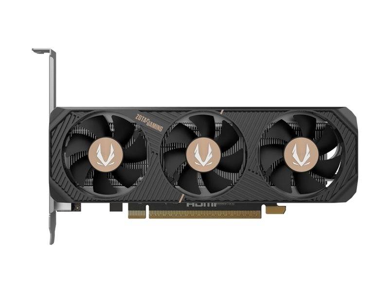 Eine schwarze Gaming-Grafikkarte mit drei Kühlventilatoren und einem Logo. Die Karte ist für leistungsstarke Computer-Gaming-Systeme konzipiert.
