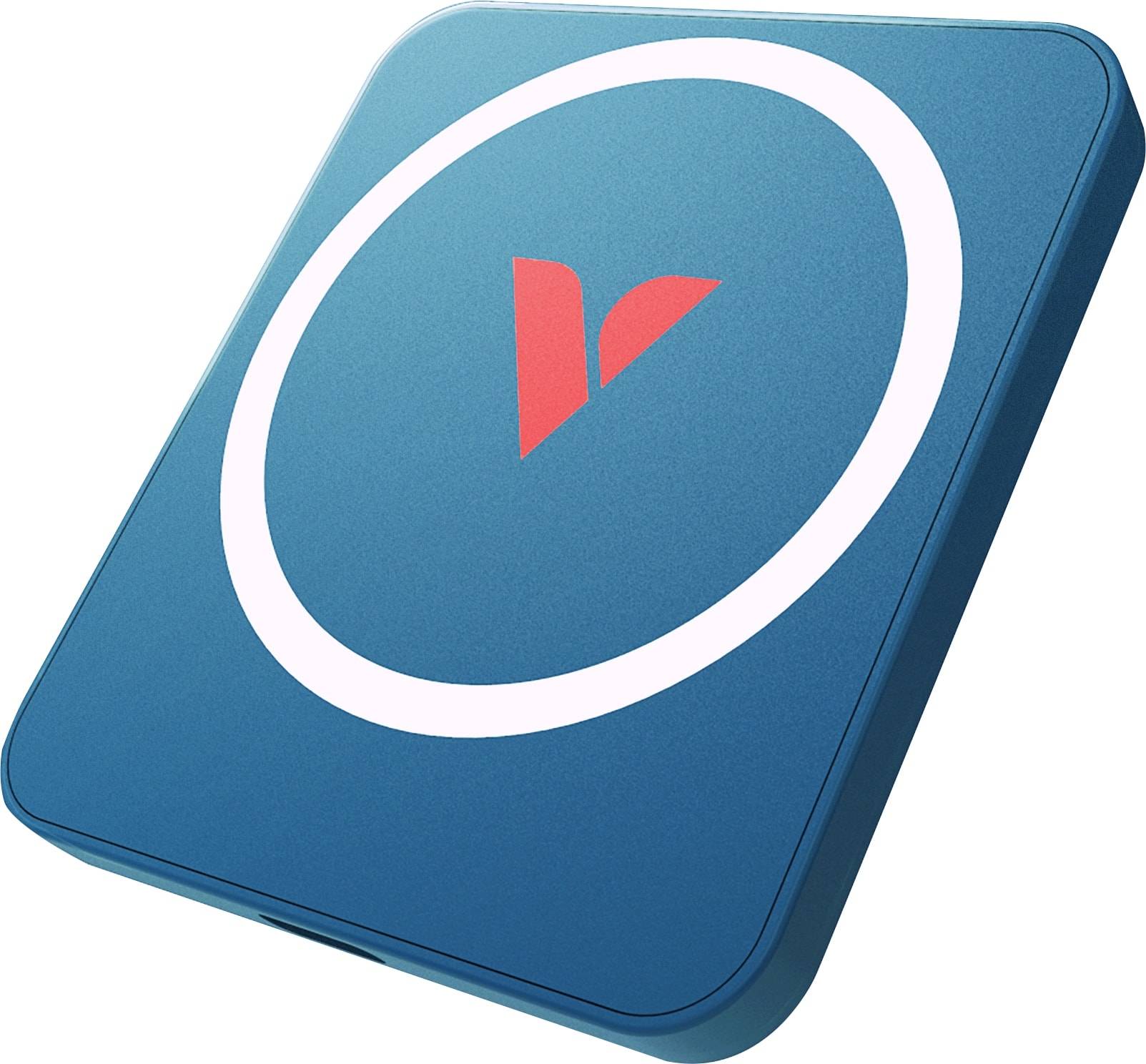 Ein blaues quadratisches Gerät mit abgerundeten Kanten, mit einem zentralen roten Buchstaben 