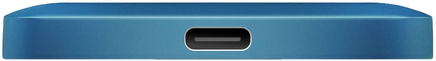 Eine Nahaufnahme eines blauen USB-C-Anschlusses an einem Gerät, die die ovale Form und das symmetrische Design des Anschlusses hervorhebt.