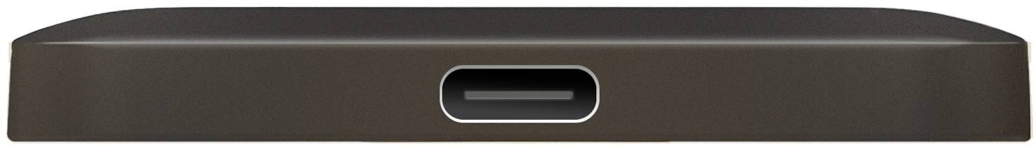 Eine Nahaufnahme eines USB-C-Anschlusses auf einem Gerät, der seine ovale Form mit einem metallischen Rand und schwarzem Innenbereich zeigt, der zum Laden und Datentransfer verwendet wird.