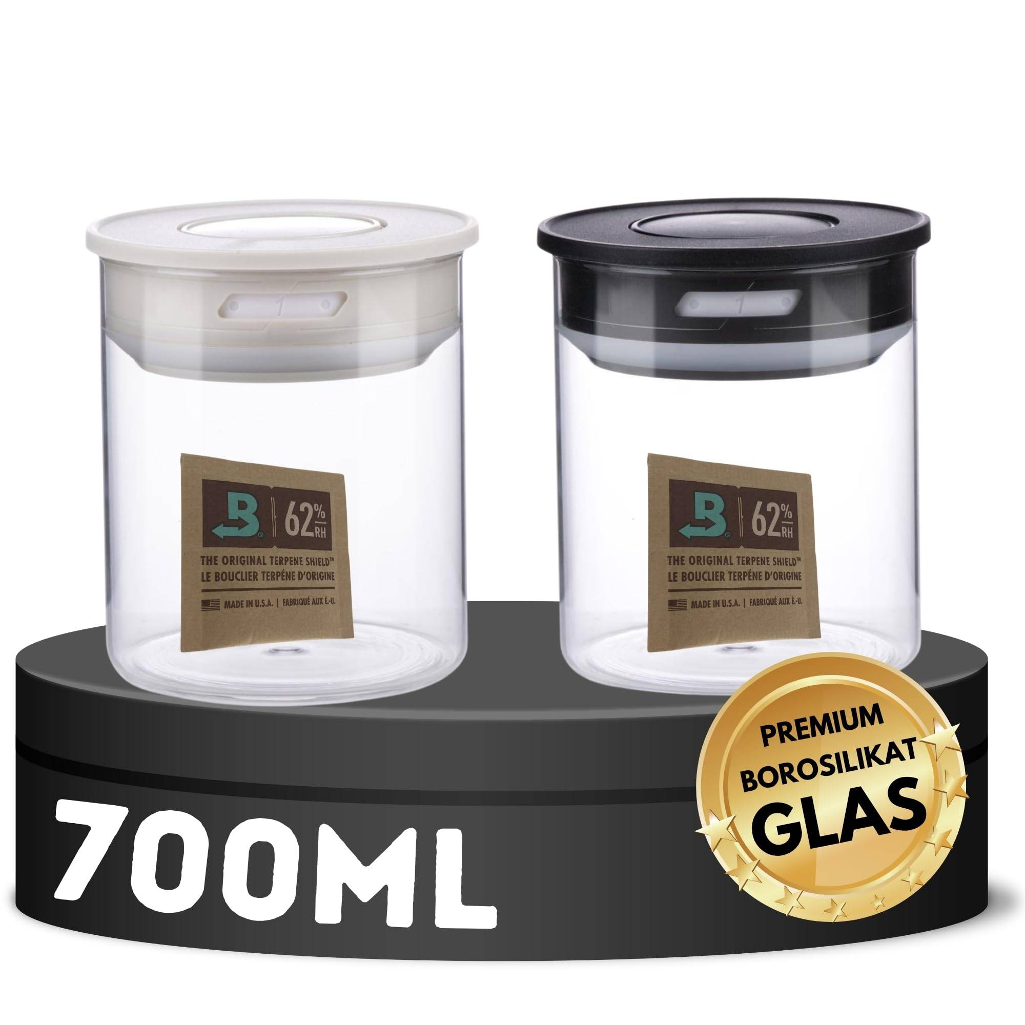 2x 700ml Vakuum Kräuter Borosilikat Glas Aufbewahrung + Boveda Vorratsglas Ernte luftdicht Glasbehälter mit Deckel kompatibel mit Boveda Pack 62% Gr