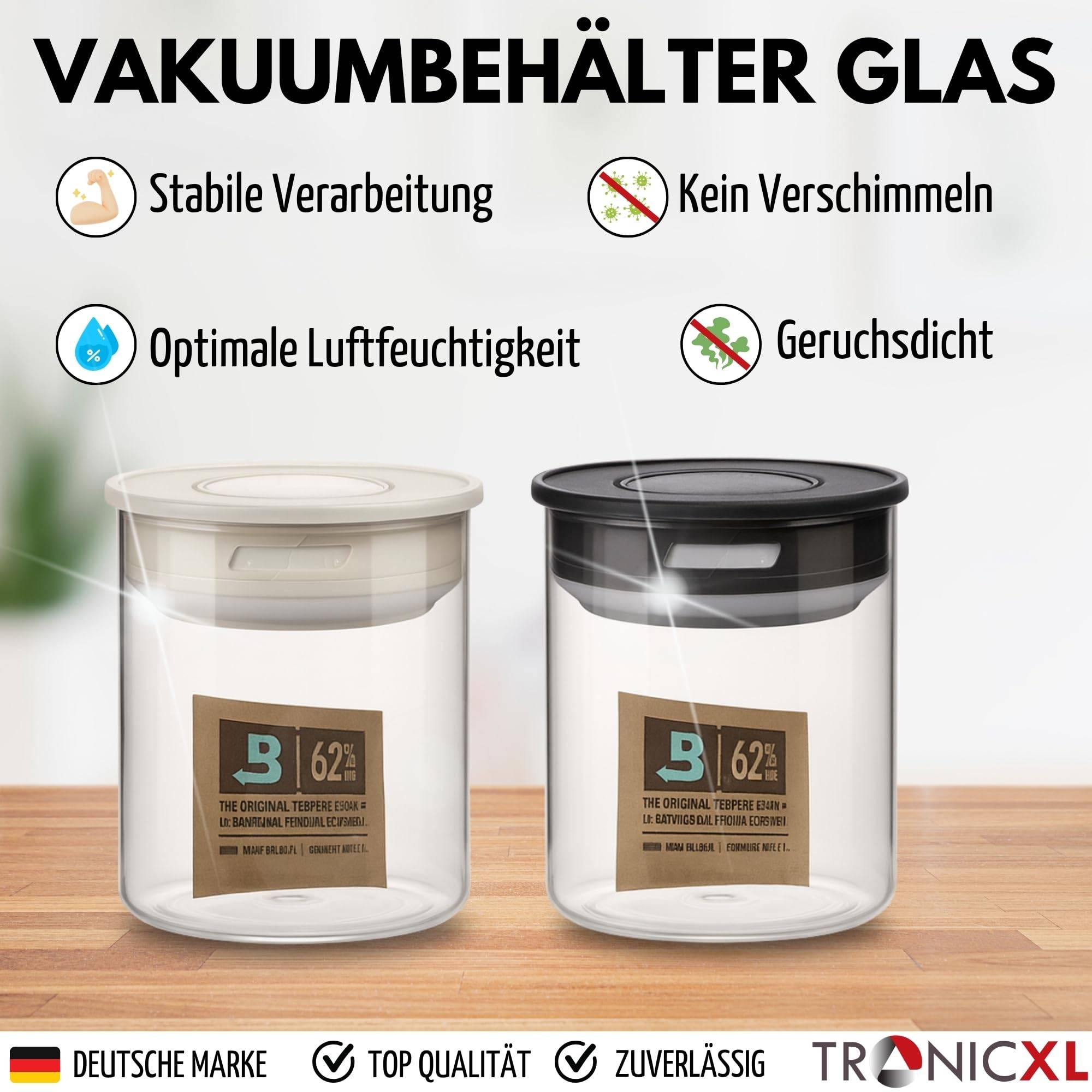 2x 700ml Vakuum Kräuter Borosilikat Glas Aufbewahrung + Boveda Vorratsglas Ernte luftdicht Glasbehälter mit Deckel kompatibel mit Boveda Pack 62% Gr