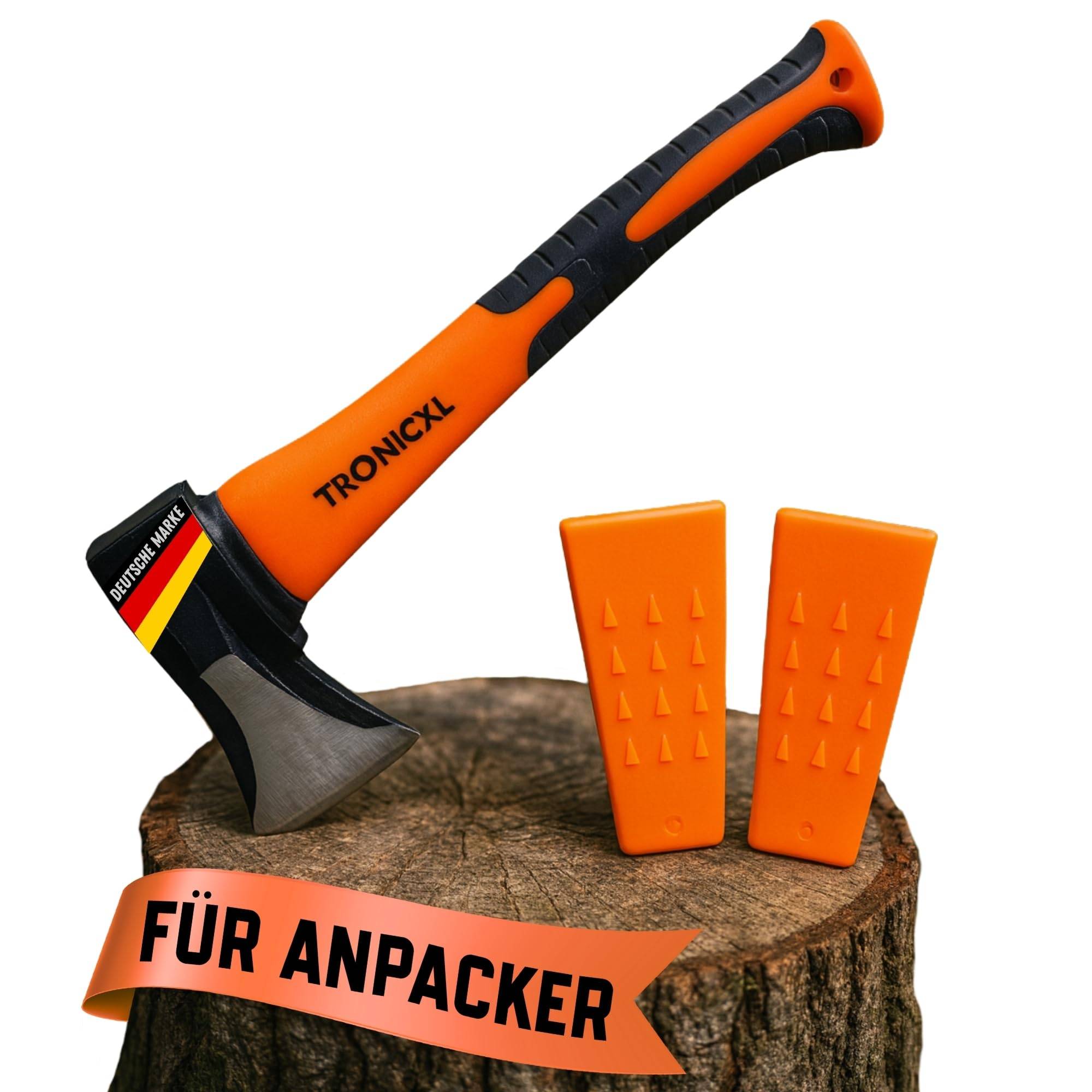 Handbeil + 2X Keil I Beil klein 600g - Fiberglasstiel Kompakt - Anti Rutsch Griff