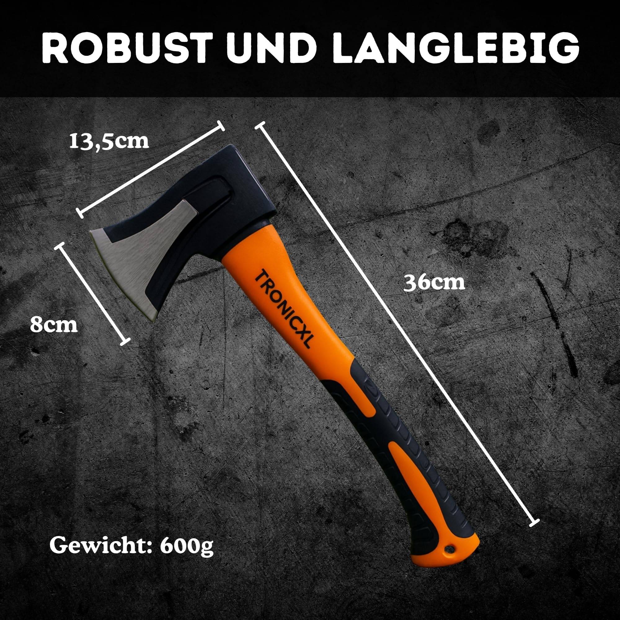 Handbeil + 2X Keil I Beil klein 600g - Fiberglasstiel Kompakt - Anti Rutsch Griff