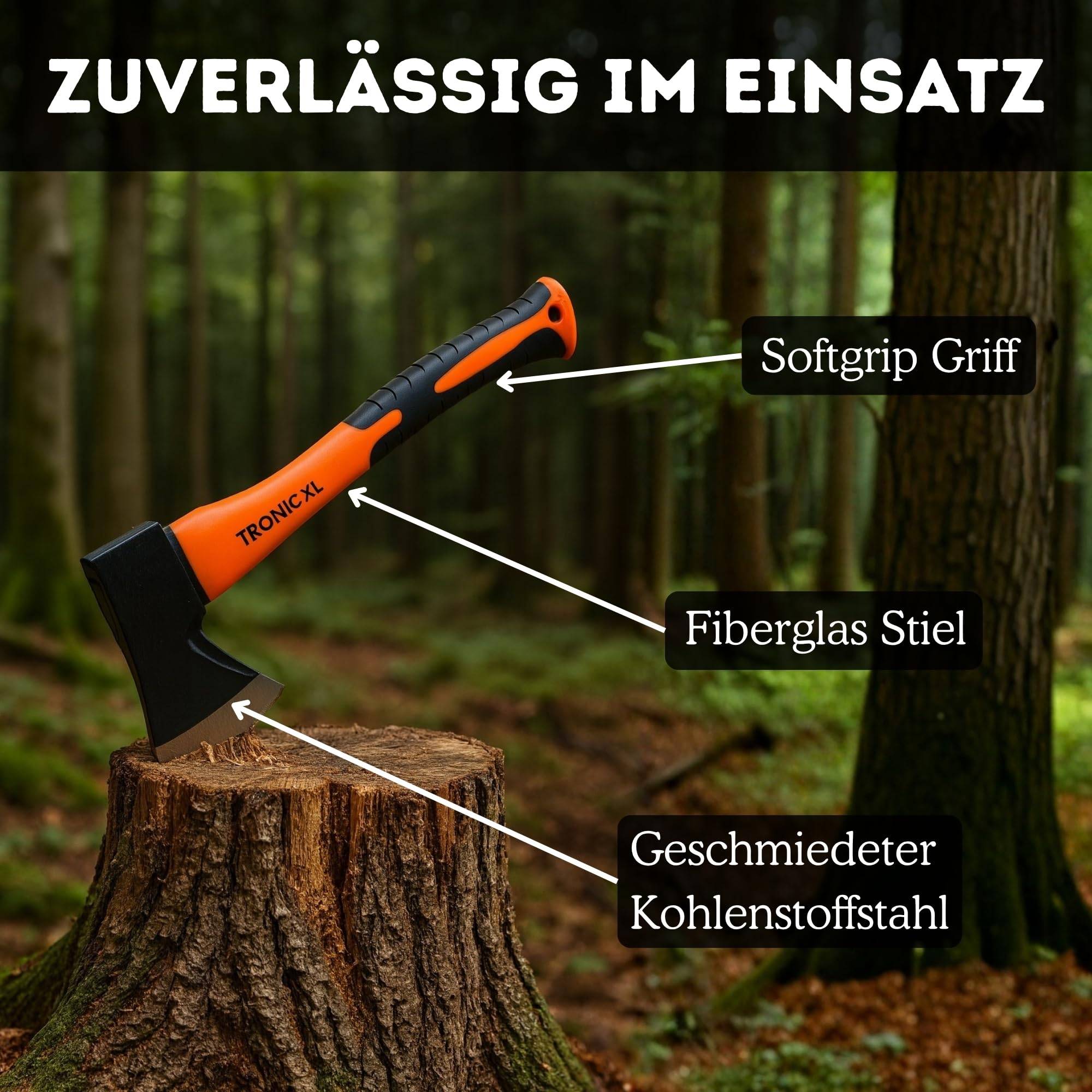 Handbeil + 2X Keil I Beil klein 600g - Fiberglasstiel Kompakt - Anti Rutsch Griff