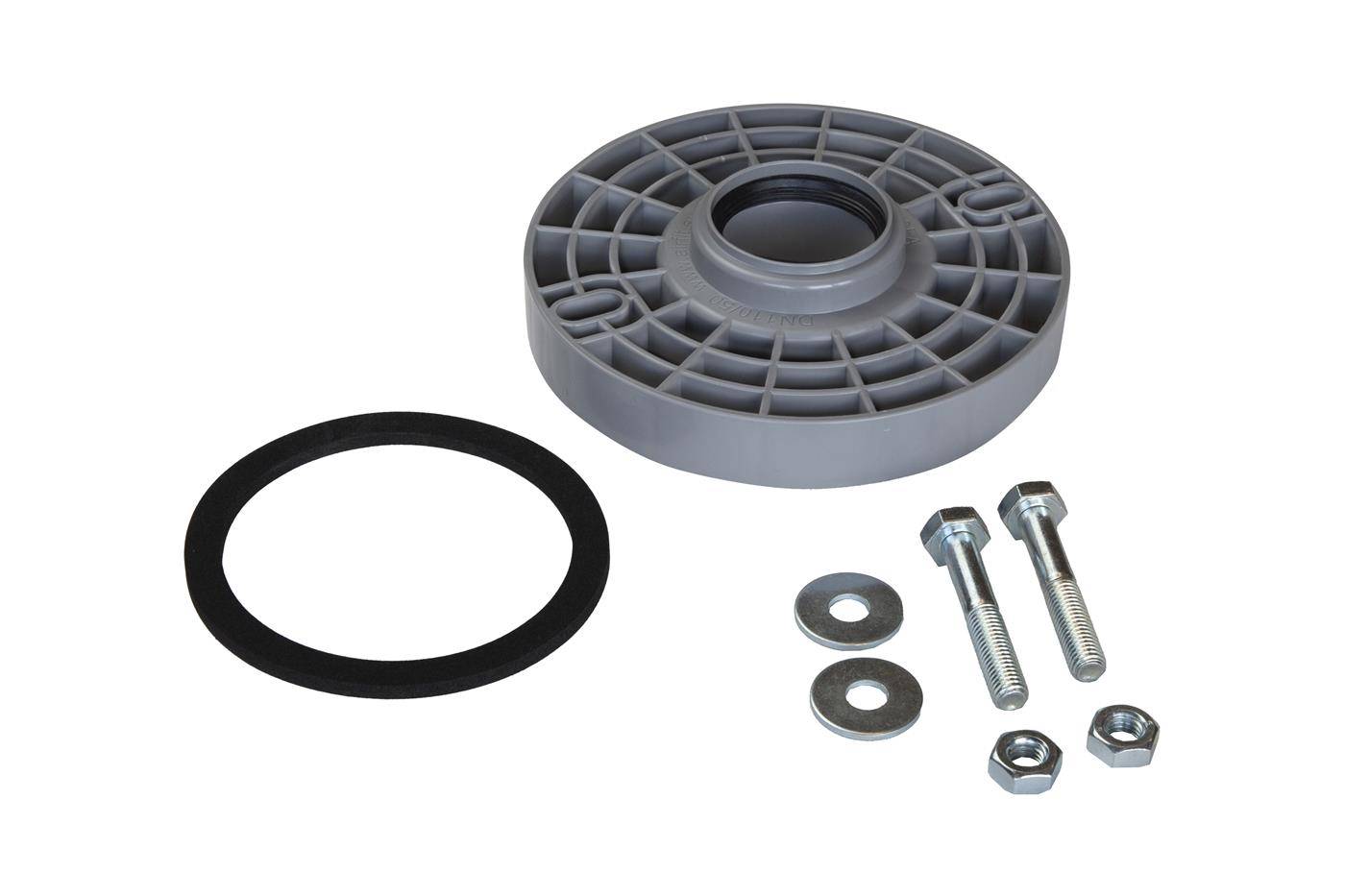 Graues Riemenscheibenrad-Set mit schwarzem O-Ring, zwei Bolzen, zwei Unterlegscheiben und zwei Muttern auf weißem Hintergrund.