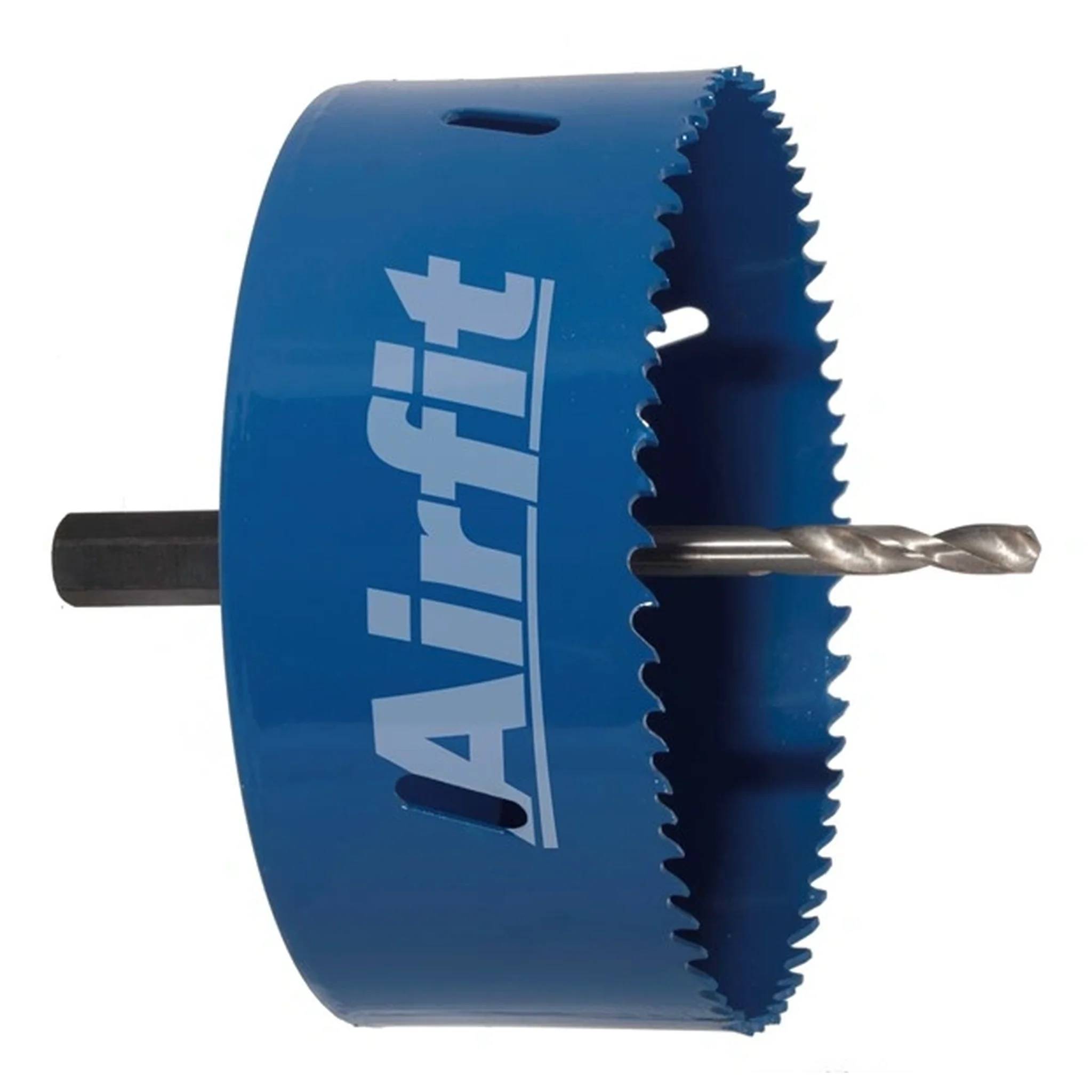 Blauer Airfit-Lochsäge mit eingefügtem Bohrer durch die Mitte, auf weißem Hintergrund dargestellt.