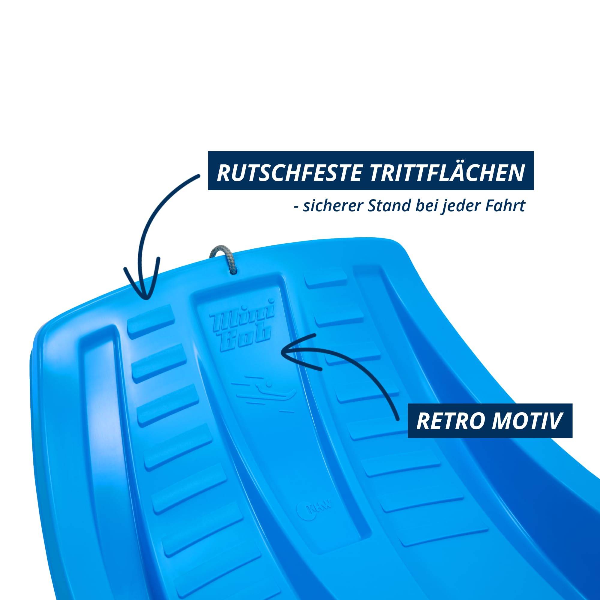 Blauer Schlitten mit Texthervorhebungen für 'rutschfeste Trittflächen' und 'Retro-Motiv' Eigenschaften.