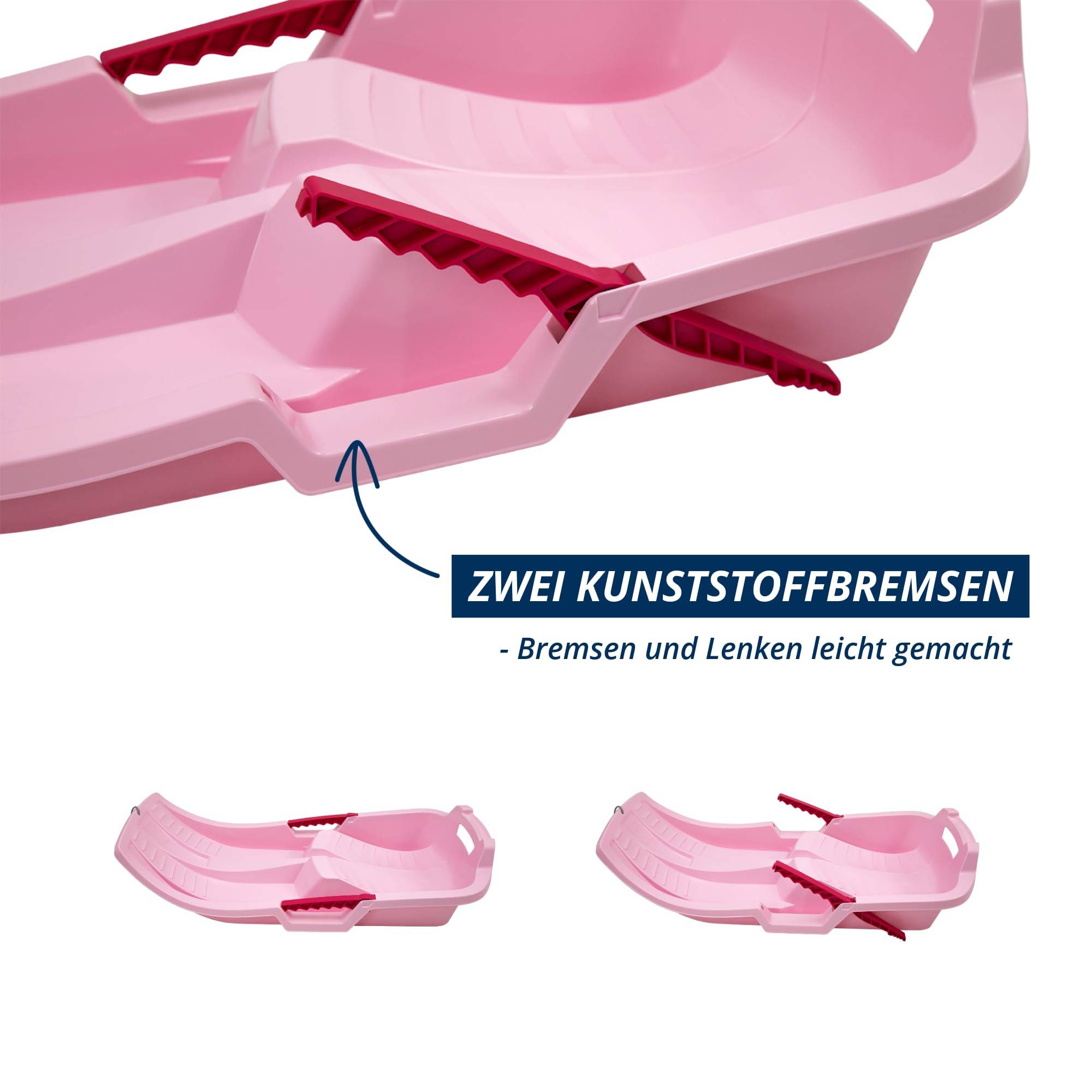 Pinker Schlitten mit zwei Kunststoffbremsen und einer Notiz auf Deutsch, die die Leichtigkeit des Bremsens und Lenkens hervorhebt: 'Zwei Kunststoffbremsen - Bremsen und Lenken leicht gemacht'.