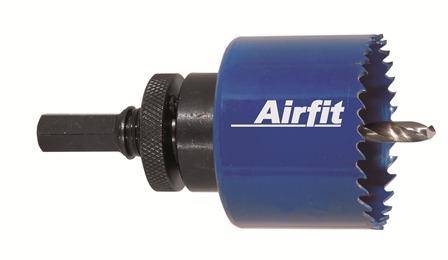 Blue Airfit Lochsäge mit Bohraufsatz, Zentrierbohrer und Sechskantschaft auf weißem Hintergrund.